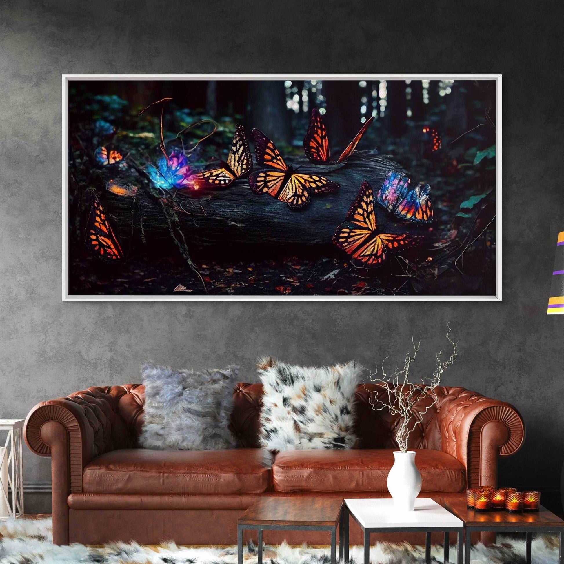 Glowing butterflies, fantasy forest wall art, framed canvas print, mother's day, mom gift, monarch butterflies - 10x20 Inches / Gallery Wrap Canvas - Ready To Hang