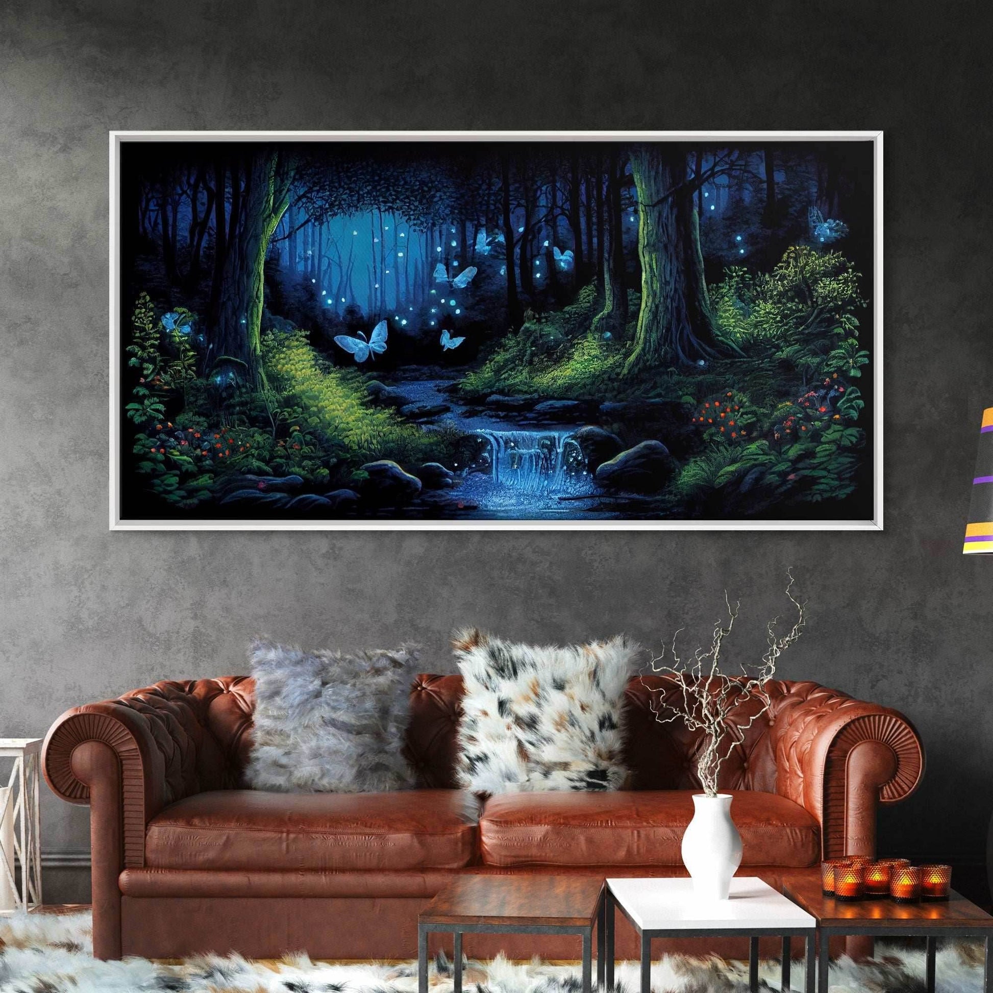 Enchanted Forest Painting, Fantasy Art, Fairy House, Fantasy, Woodland Decor, Woods, Forest, Fairy Forest with Blue Butterflies - 10x20 Inches / Gallery Wrap Canvas - Ready To Hang