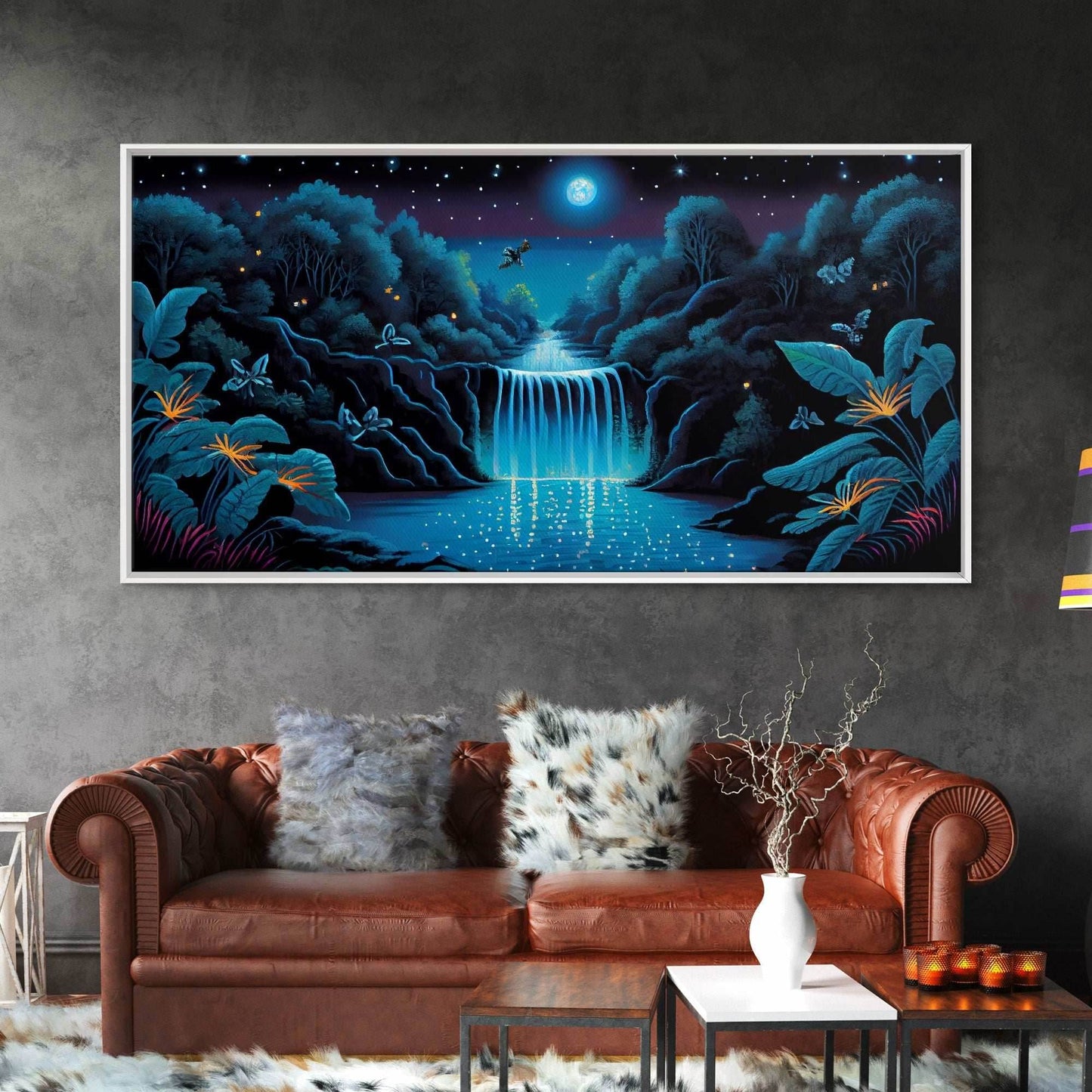 The Secret Waterfall, Enchanted Forest With Painting, Fantasy Art, Fairy House, Fantasy, Woodland Decor, Woods, Forest with Blue Butterflies - 10x20 Inches / Gallery Wrap Canvas - Ready To Hang