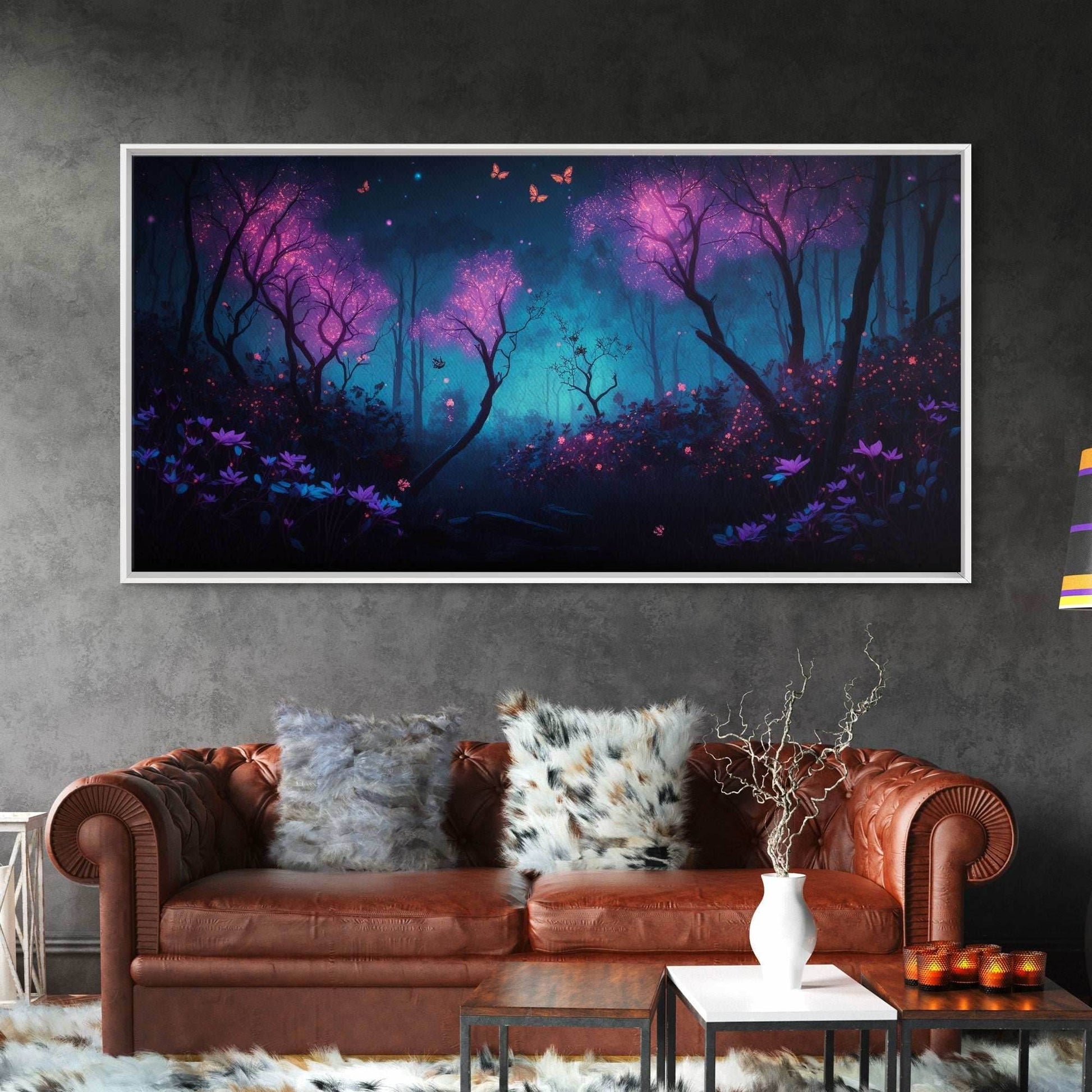 Beautiful forest canvas print Fantasy forest wall art Forest Painting, Framed Art, Glowing Butterflies - 10x20 Inches / Gallery Wrap Canvas - Ready To Hang