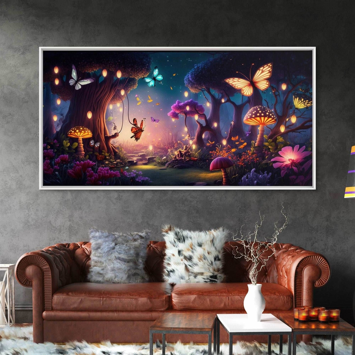 Vibrant Fantasy Forest Wall Art, The Forest Floor, Bioluminescent Glowing Butterflies, Gift, Framed Canvas Print - 10x20 Inches / Gallery Wrap Canvas - Ready To Hang