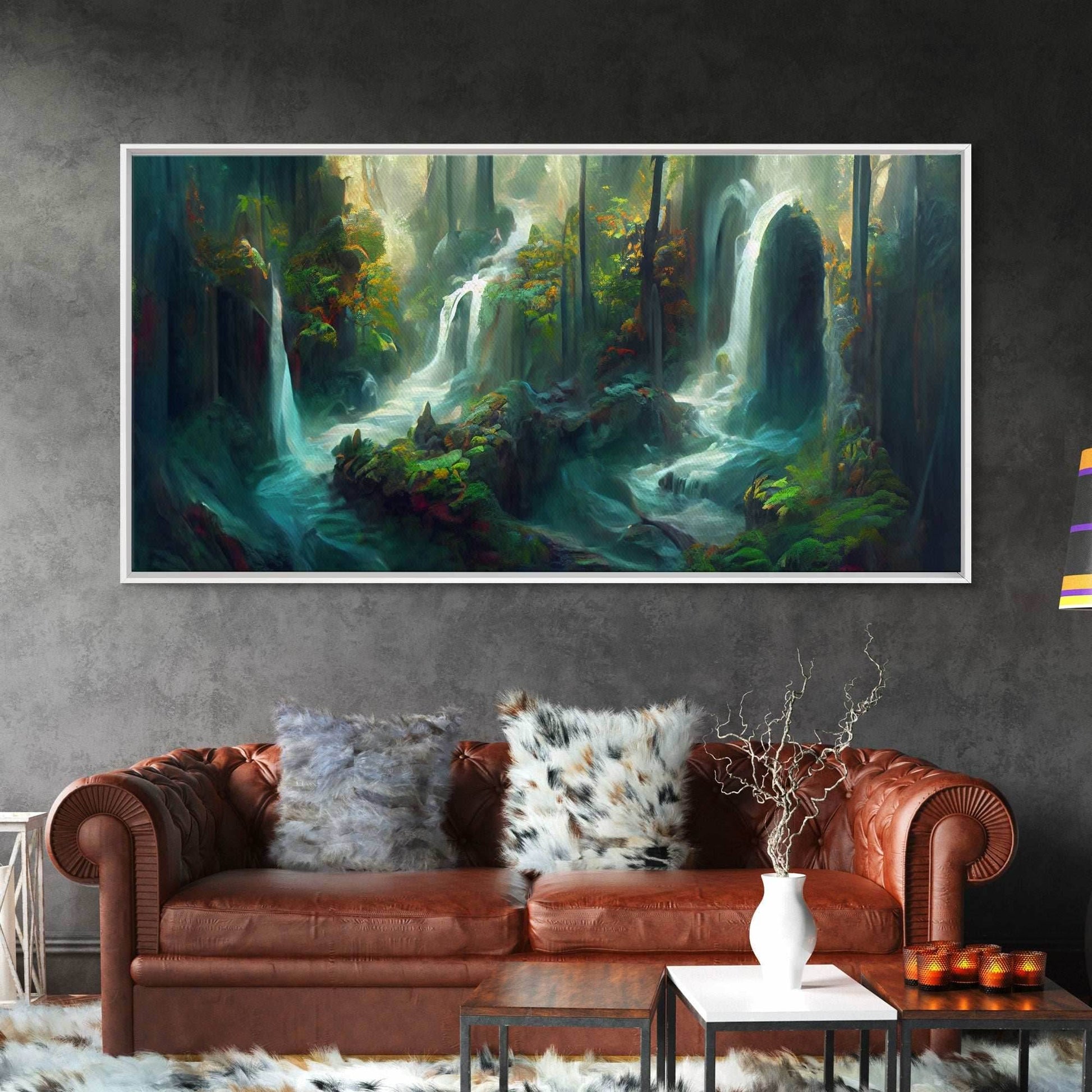 Waterfall wall art, canvas print, giclee, fantasy wall art, water color, nature wall decor, water landscape art, serenity art - 10x20 Inches / Gallery Wrap Canvas - Ready To Hang