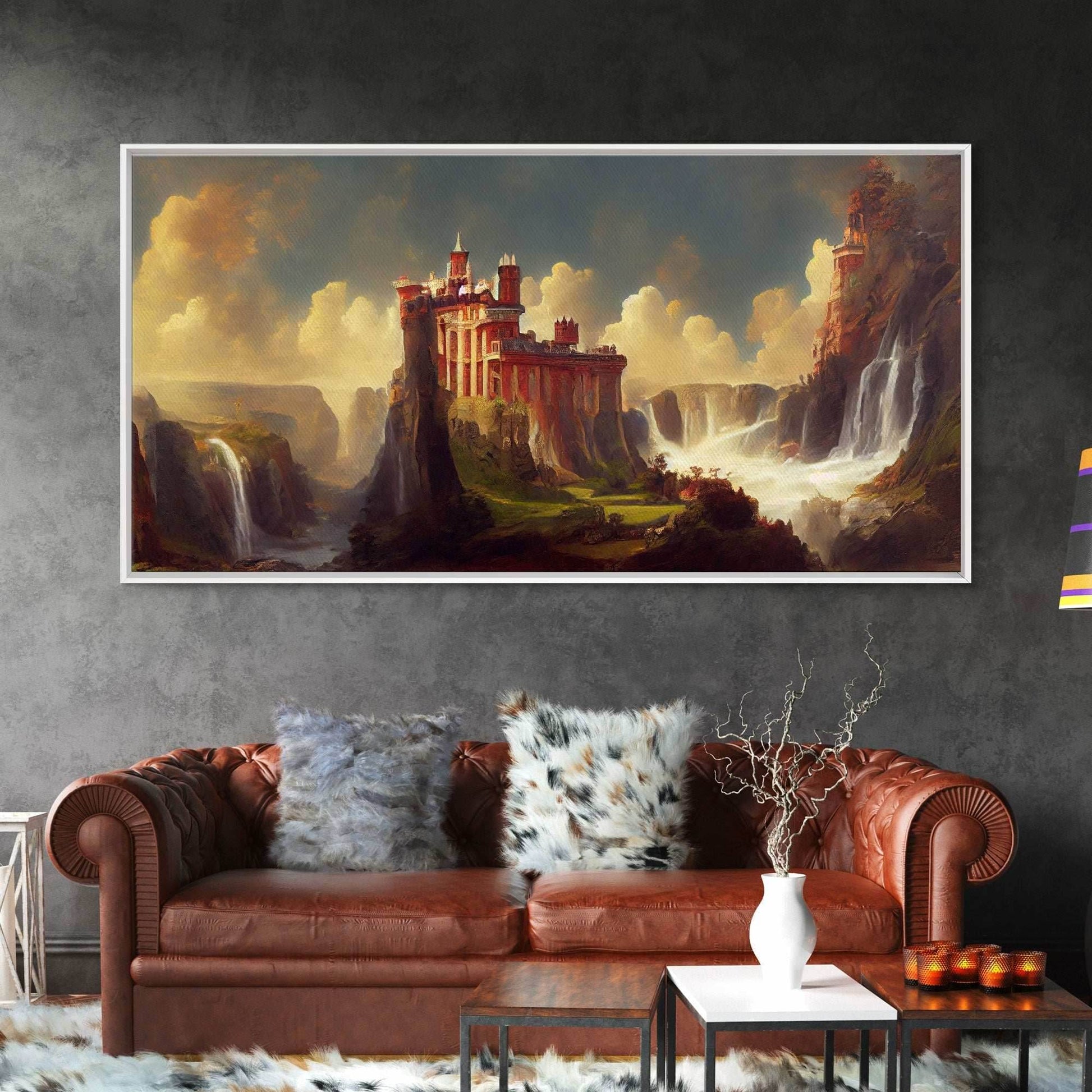 Fantasy wall art, canvas print, castle in the sky, castle atop mountains and waterfalls, watercolor - 10x20 Inches / Gallery Wrap Canvas - Ready To Hang