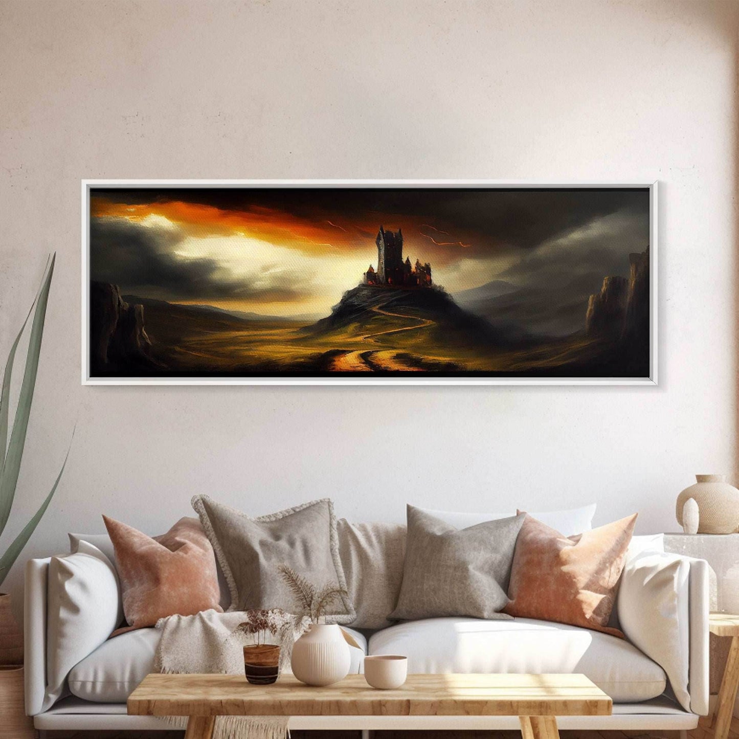 Panoramic Dark Fantasy Wall Art, Framed Canvas, Wood Frame Art, The Dark Castle Oil Painting Fantasy Decor, DND Art - 10x30 Inches / Gallery Wrap Canvas - Ready To Hang
