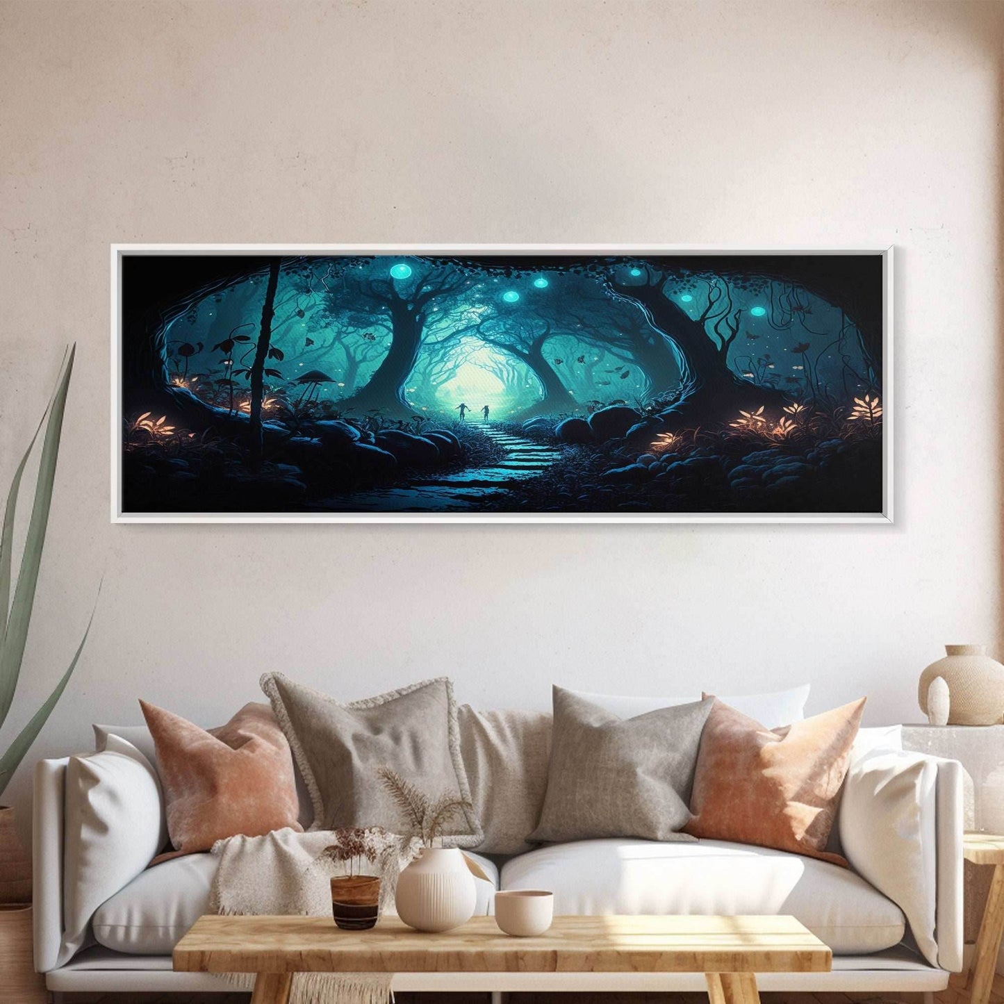 The mycelium Networrk, Fantasy Art, Framed Canvas Print, Bioluminescent Fantasy Forest At Night, Blue Glowing Ambience Art - 10x30 Inches / Gallery Wrap Canvas - Ready To Hang