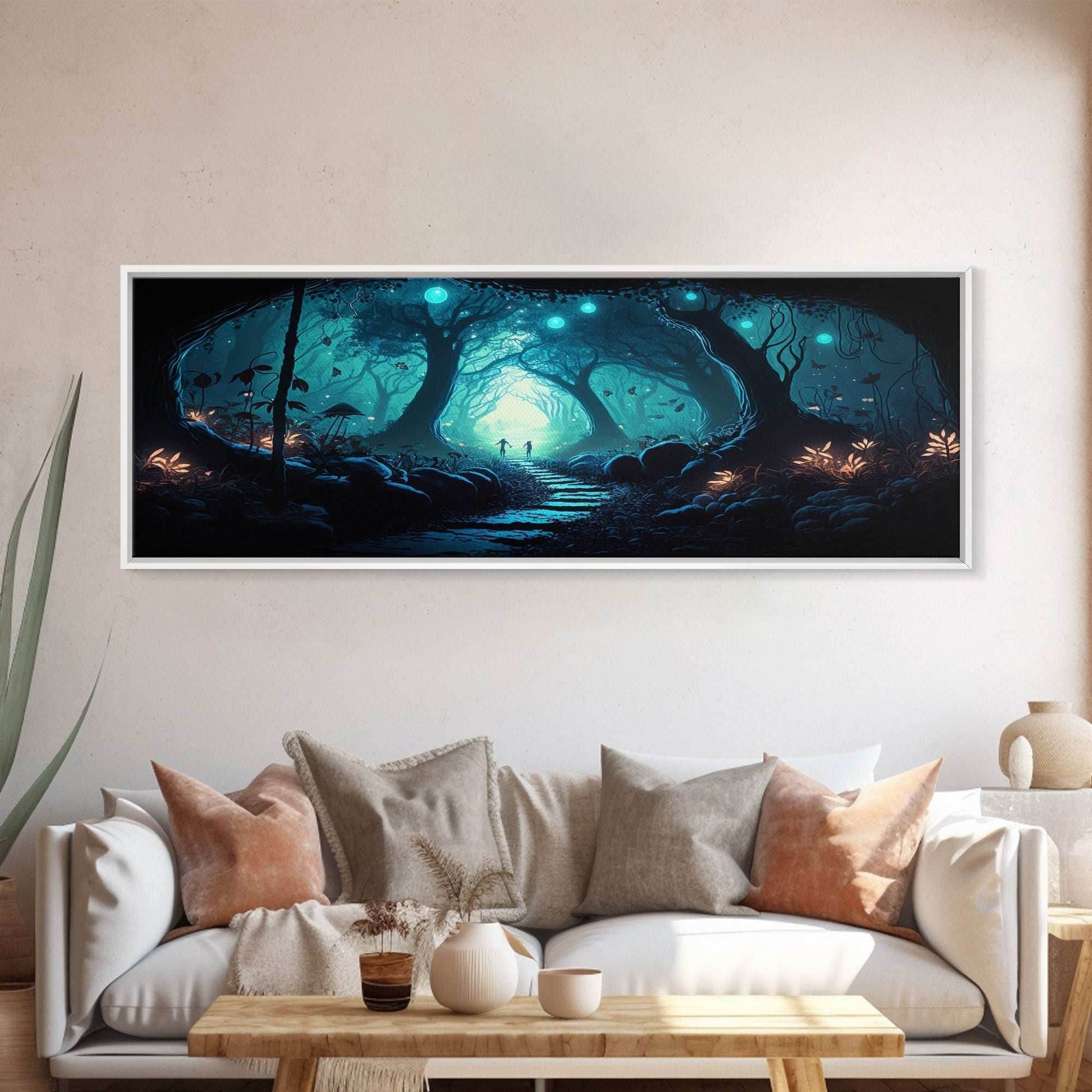 The mycelium Networrk, Fantasy Art, Framed Canvas Print, Bioluminescent Fantasy Forest At Night, Blue Glowing Ambience Art - 10x30 Inches / Gallery Wrap Canvas - Ready To Hang