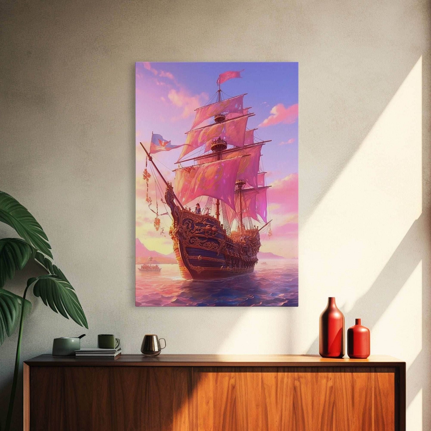 Gothic Pirate Ship at Sunset, Framed Canvas Print, Fantasy Wall Art, Wall Decor, Pirate Wal Art, Gift For Him, Kid's Room Art - 8x12 Inches / Gallery Wrap Canvas - Ready To Hang