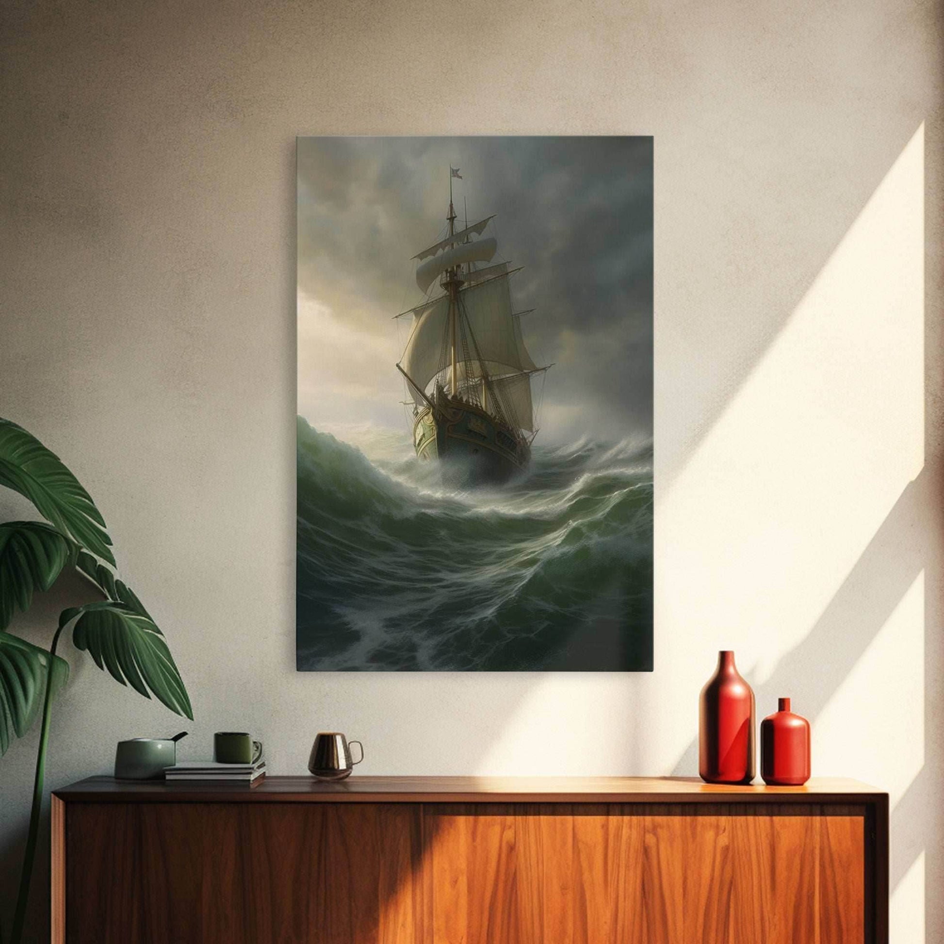 Haunted Pirate Ghost Ship On Rough Seas, Framed Canvas Print, Fantasy Wall Art, Wall Decor, Pirate Wal Art, Gift For Him, Kid's Room - 8x12 Inches / Gallery Wrap Canvas - Ready To Hang