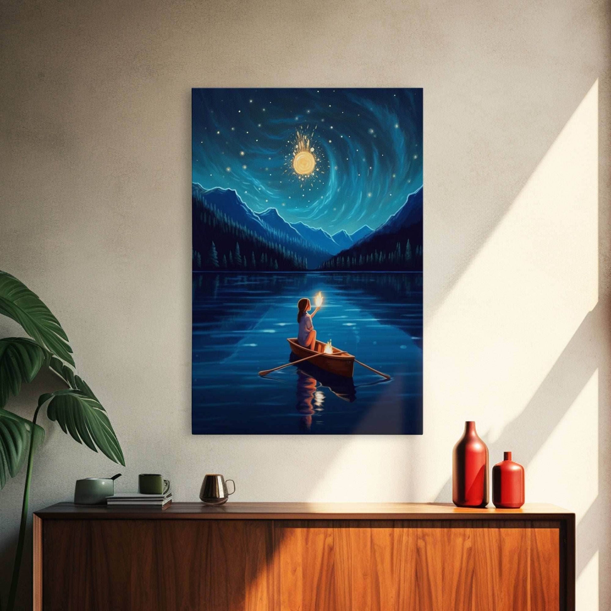Starry Night, Girl Wizard Lights Up The Night Sky, Fantasy Art, Framed Canvas Print, Fantasy Painting Print, Original Art - 8x12 Inches / Gallery Wrap Canvas - Ready To Hang