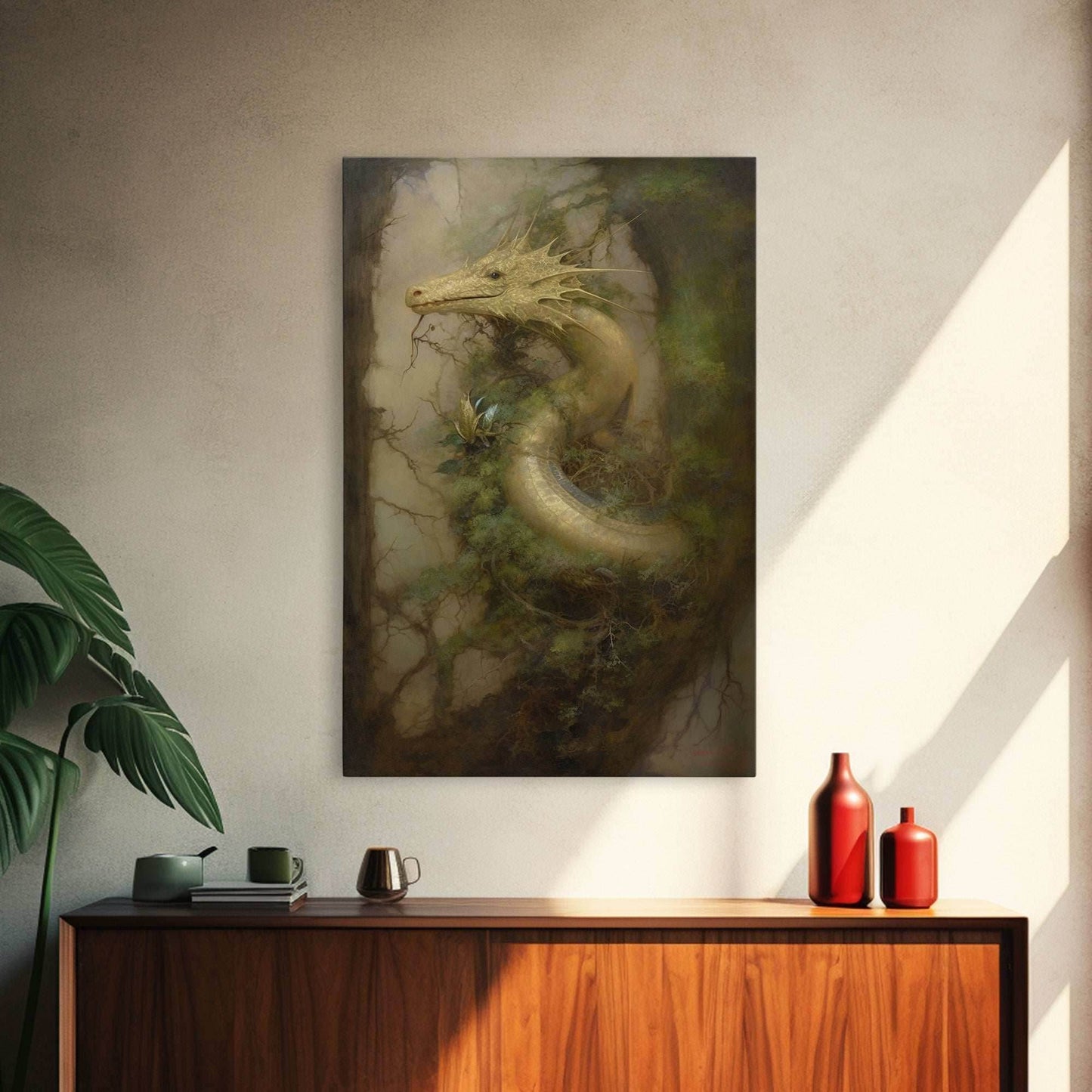 Majestic Green Dragon Wall Art, Framed Canvas Print, Dragon Fantasy Painting, Garden Dragon Abstract Fantasy Art - 8x12 Inches / Gallery Wrap Canvas - Ready To Hang