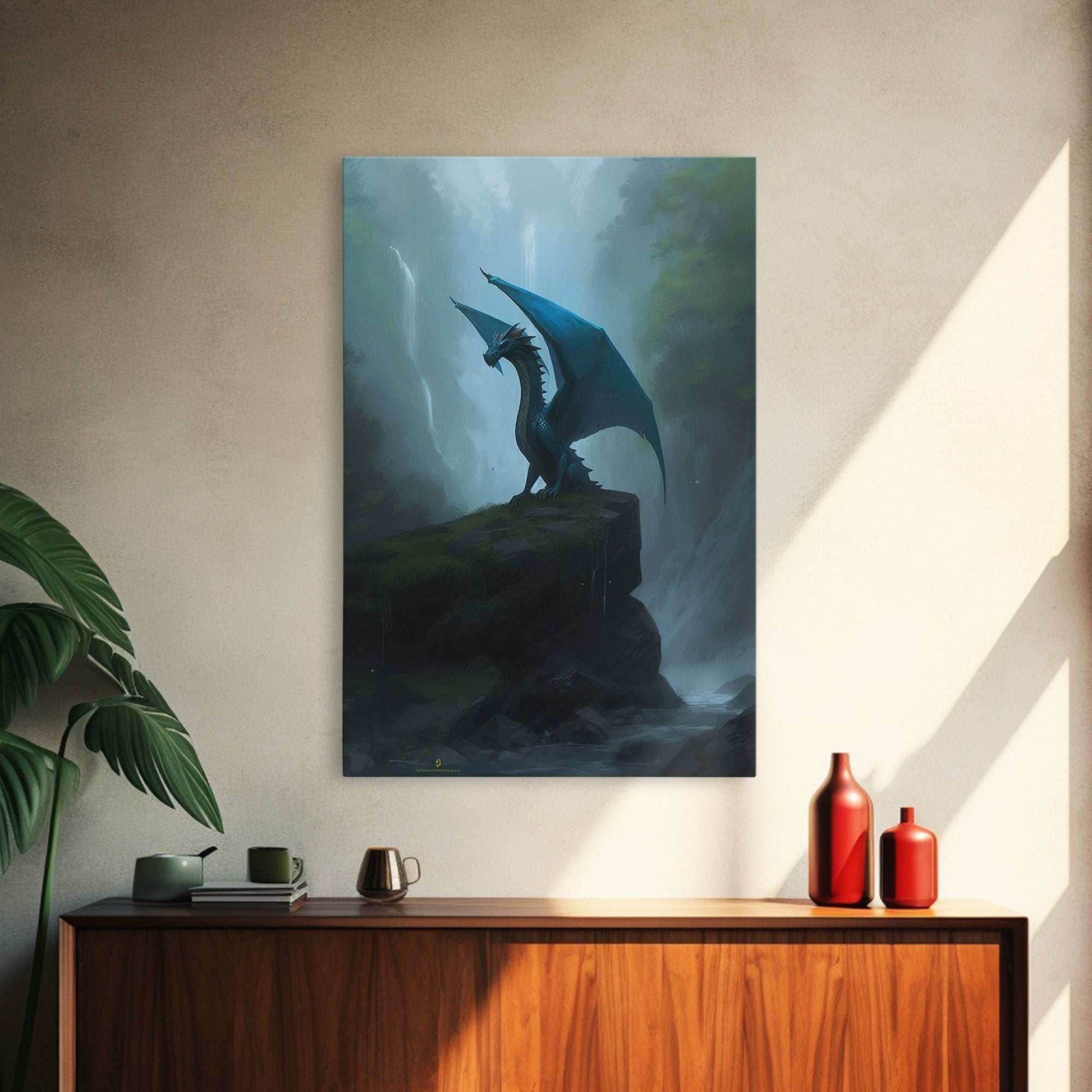 Majestic Forest Dragon Wall Art, Framed Canvas Print, Dragon Fantasy Painting, Forest Dragon Behind Secret Waterfalls Abstract Fantasy Art - 8x12 Inches / Gallery Wrap Canvas - Ready To Hang