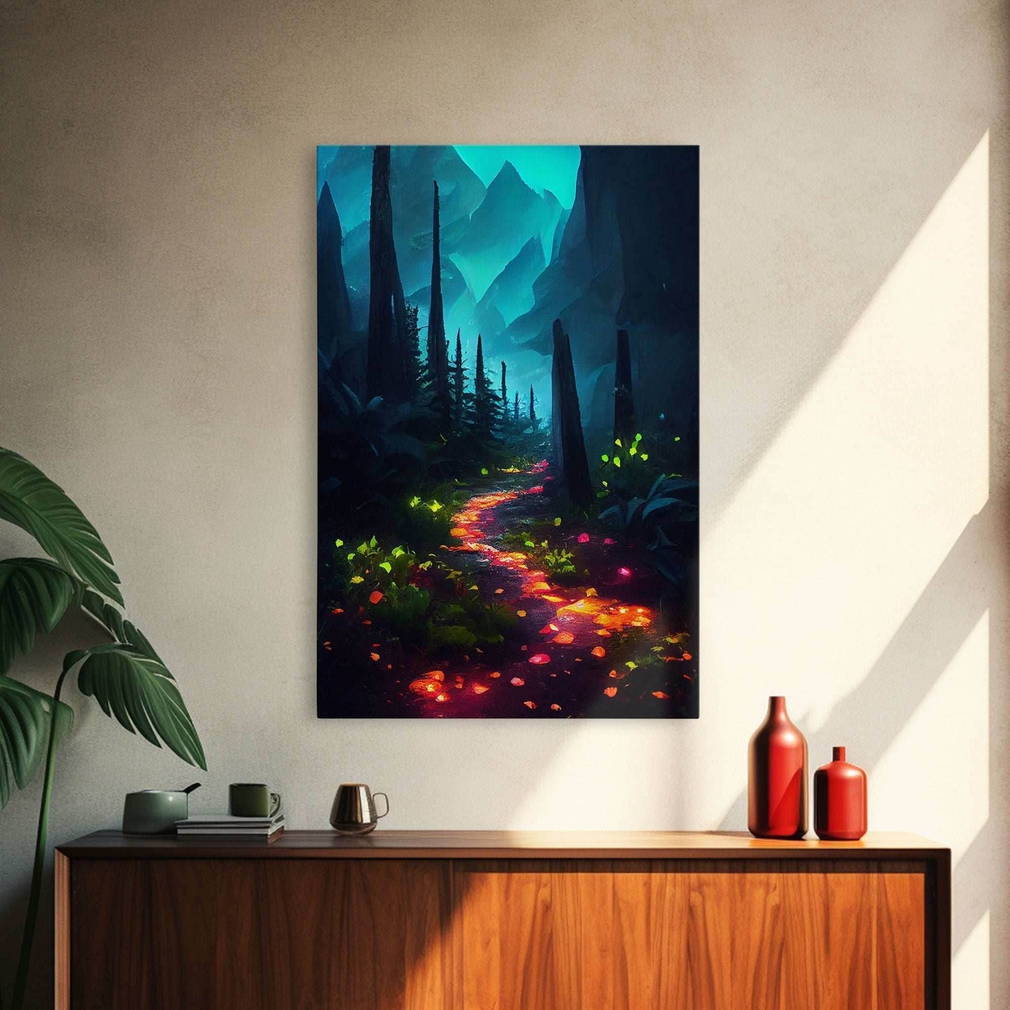 Luminescent magical forest canvas print, glowing trail though the trees, fantasy art, gloomy wall art, dark decor - 8x12 Inches / Gallery Wrap Canvas - Ready To Hang