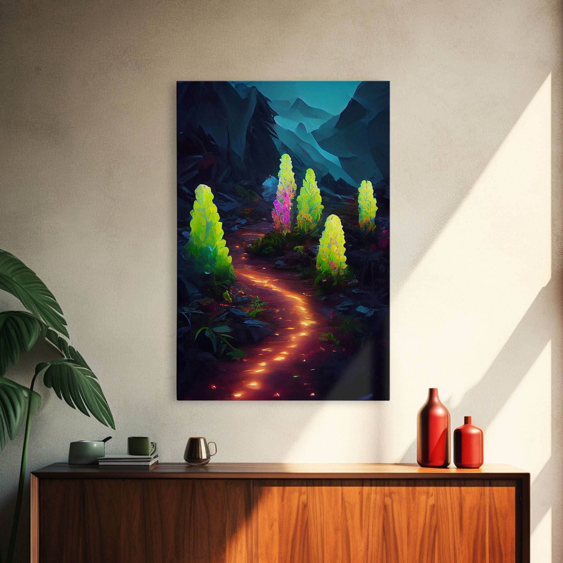 Magical forest canvas print, glowing mushroom art, fantasy forest wall art, gloomy dark home decor, luminescent forest trail wall art - 8x12 Inches / Gallery Wrap Canvas - Ready To Hang