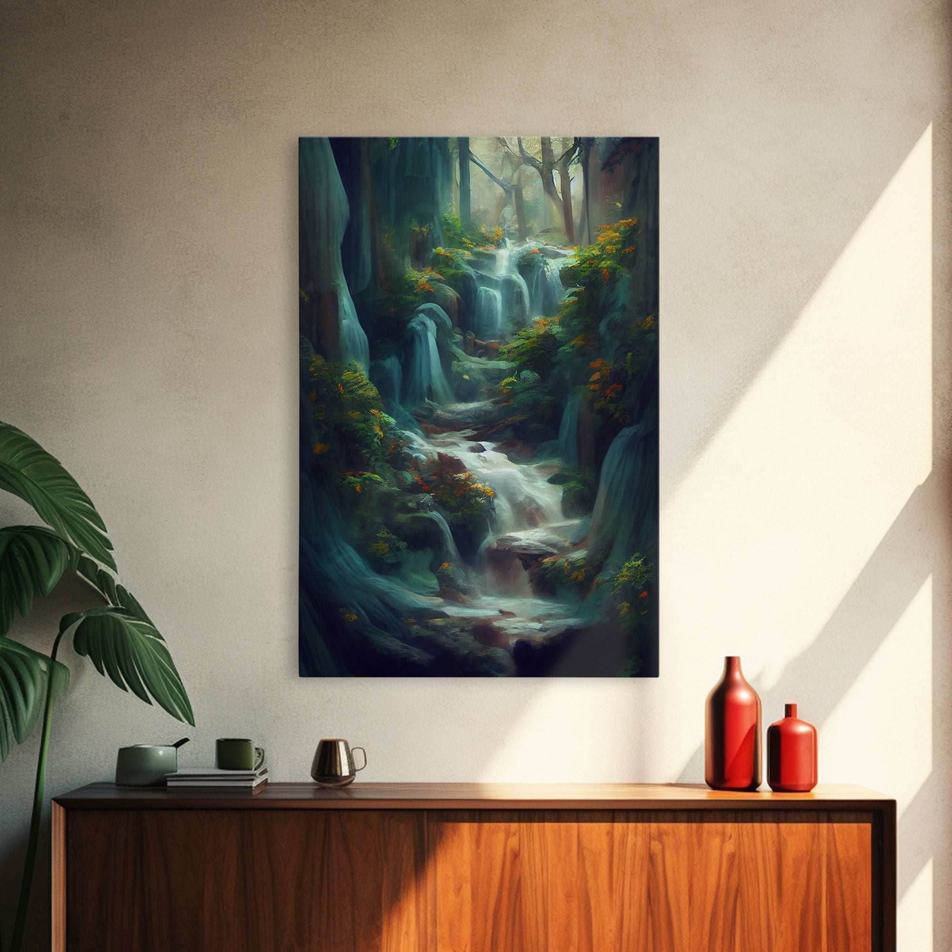 Waterfall painting canvas print, fantasy wall art, watercolor print, high fantasy, nature landscape wall art for living room - 8x12 Inches / Gallery Wrap Canvas - Ready To Hang