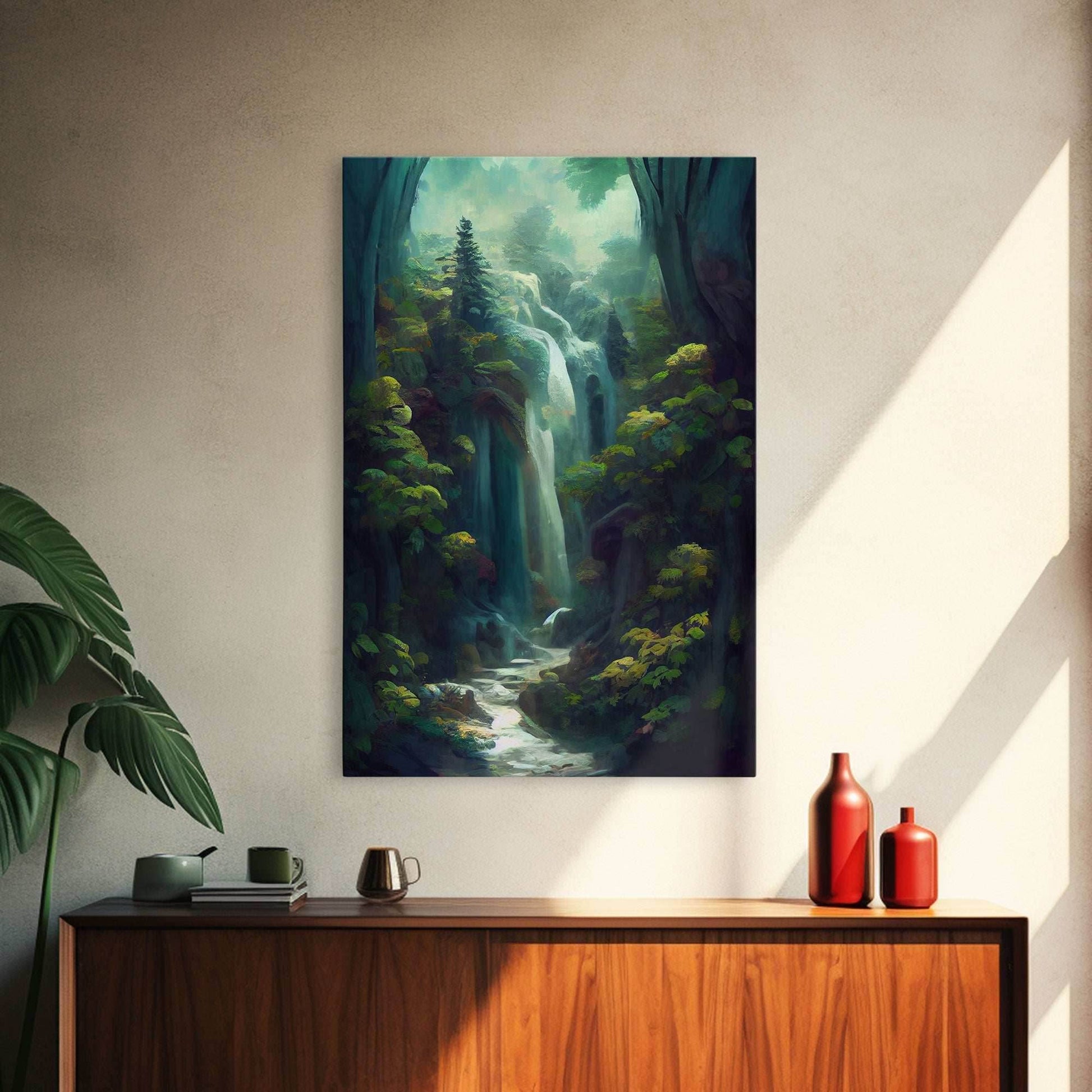 Waterfall canvas print, fantasy wall art, watercolor print, high fantasy, nature landscape living room wall art - 8x12 Inches / Gallery Wrap Canvas - Ready To Hang