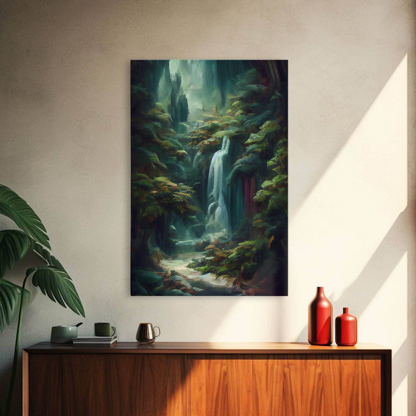 Waterfall in the forest canvas print, fantasy wall art, watercolor print, high fantasy, nature landscape living room wall art - 8x12 Inches / Gallery Wrap Canvas - Ready To Hang