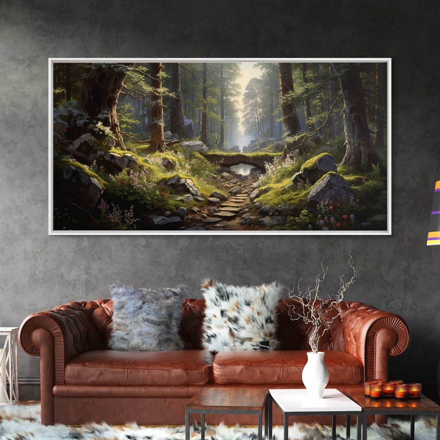 SlightlyScorched Framed Canvas Print Emerald Green Fantasy Forest, Mountain Forest Lake Landscape Minimalist Modern Art Nature Wall Decor - 10x20 Inches / Gallery Wrap Canvas - Ready To Hang