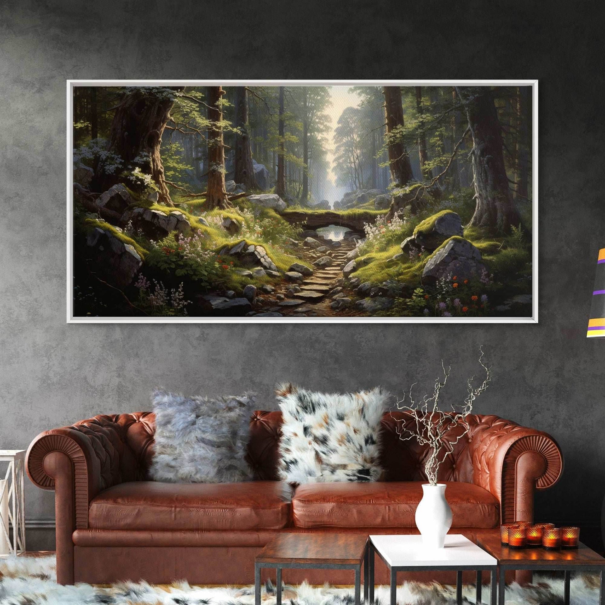 SlightlyScorched Framed Canvas Print Emerald Green Fantasy Forest, Mountain Forest Lake Landscape Minimalist Modern Art Nature Wall Decor - 10x20 Inches / Gallery Wrap Canvas - Ready To Hang