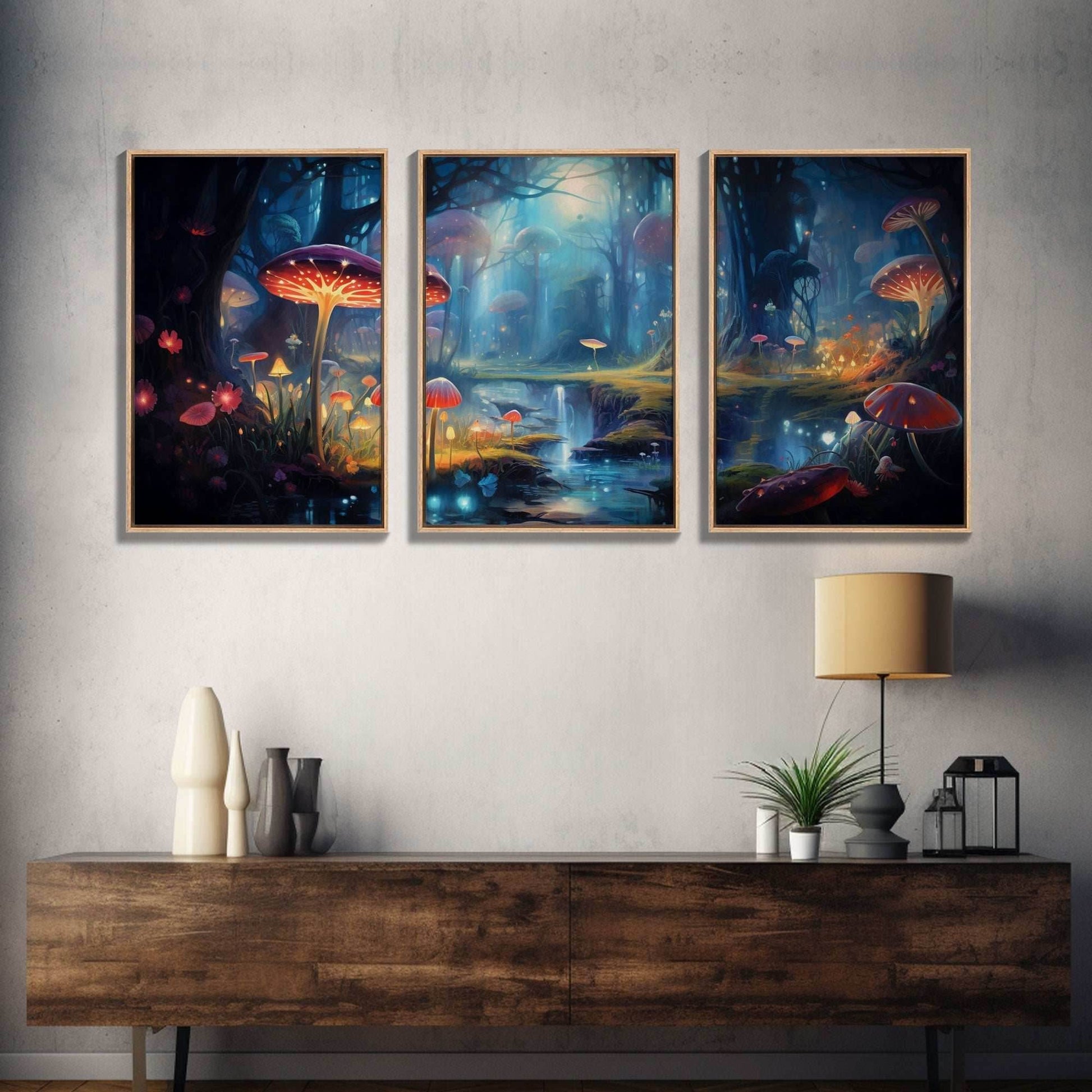 Magical dark forest art print on canvas, fantasy forest, oil style painting, large landscape wall art for home, ready to hang, 3 Piece Art - 8x12 In. - 3 Pieces / Stretched Canvas