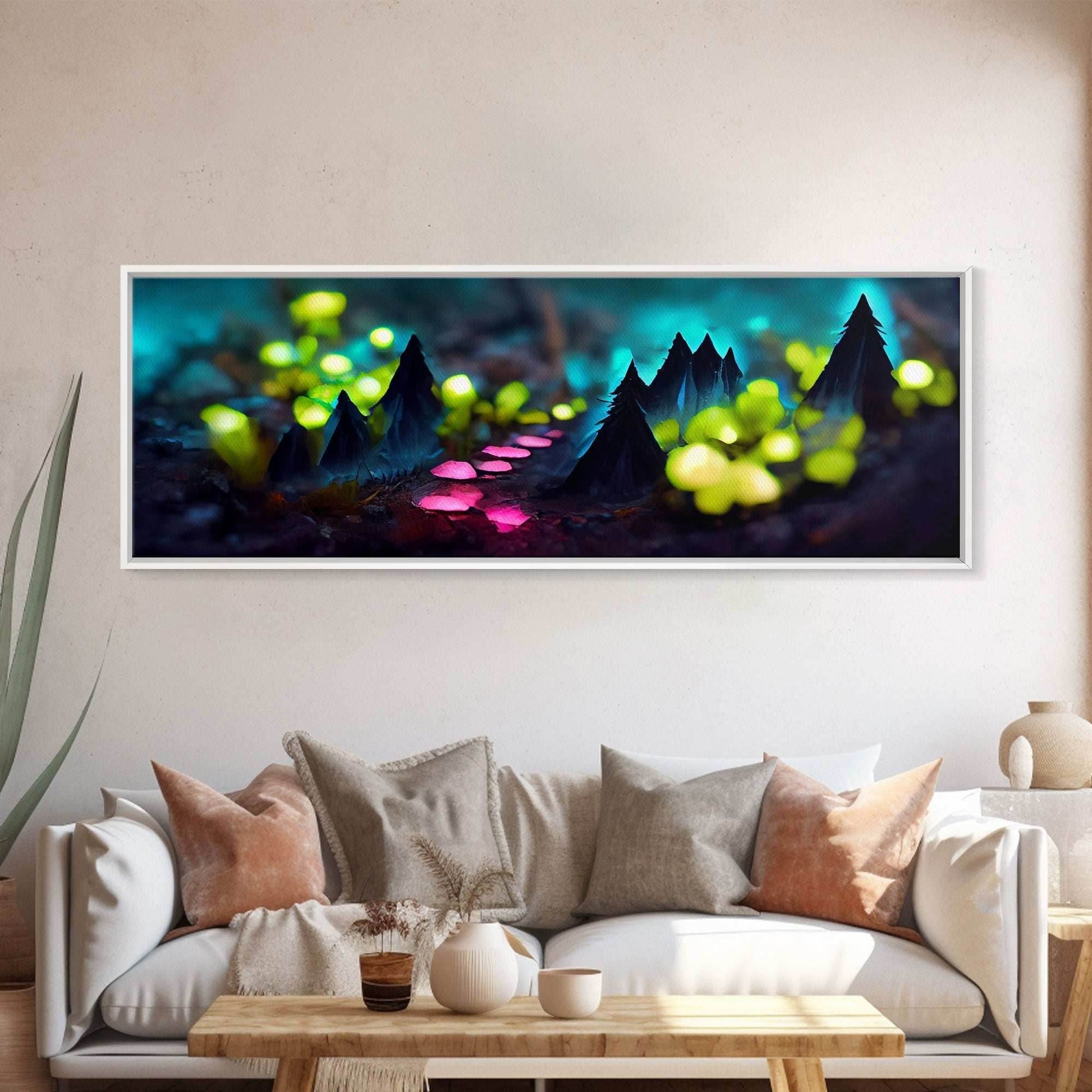 Luminescent trail in the forest, fantasy art, RPG concept art, tiny worlds, glowing mushrooms , Ready To Hang Canvas Print, Panoramic Art, - 10x30 Inches / Gallery Wrap Canvas - Ready To Hang