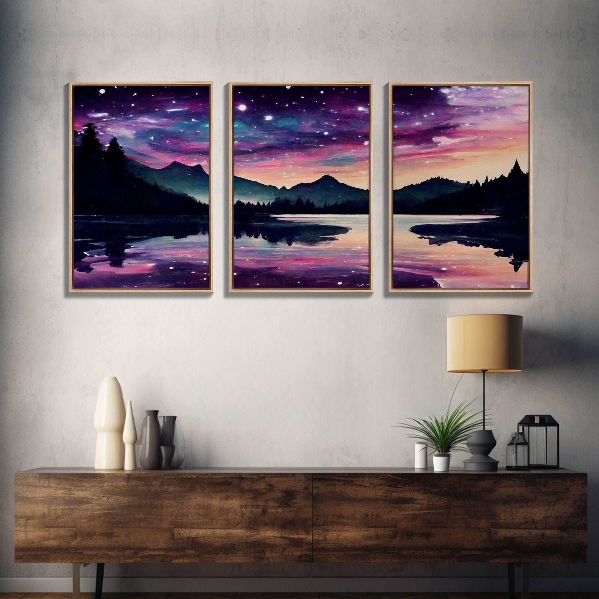 Fantasy Starry Night Magical Forest Landscape, 3 Piece Wall Art, Ready To Hang Canvas Print, Cool Unique Living Room Wall Art Decor - 8x12 In. - 3 Pieces / Stretched Canvas