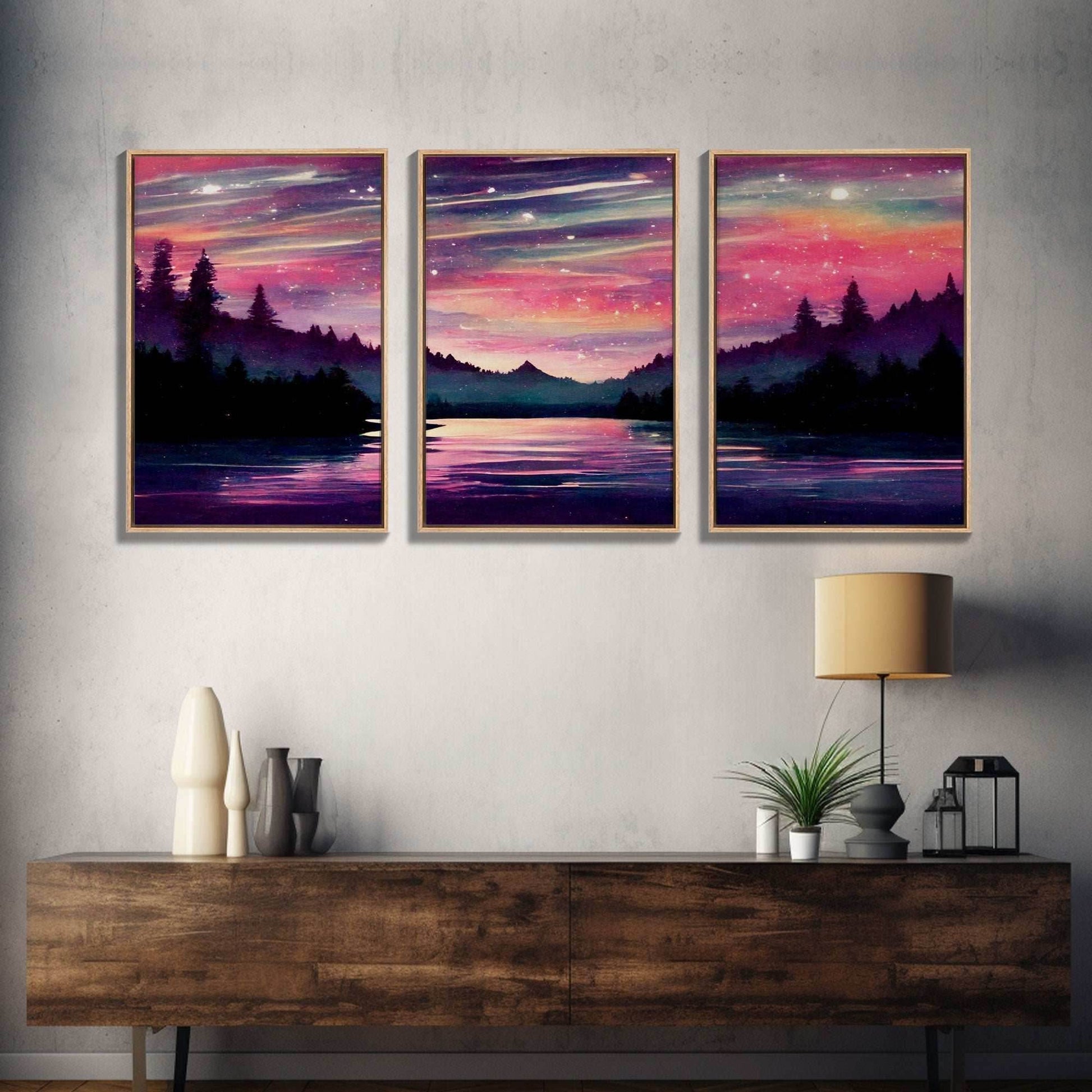 Starry Night Magical Forest Fantasy Landscape, 3 Piece Wall Art, Ready To Hang Canvas Print, Cool Living Room Wall Art Decor - 8x12 In. - 3 Pieces / Stretched Canvas