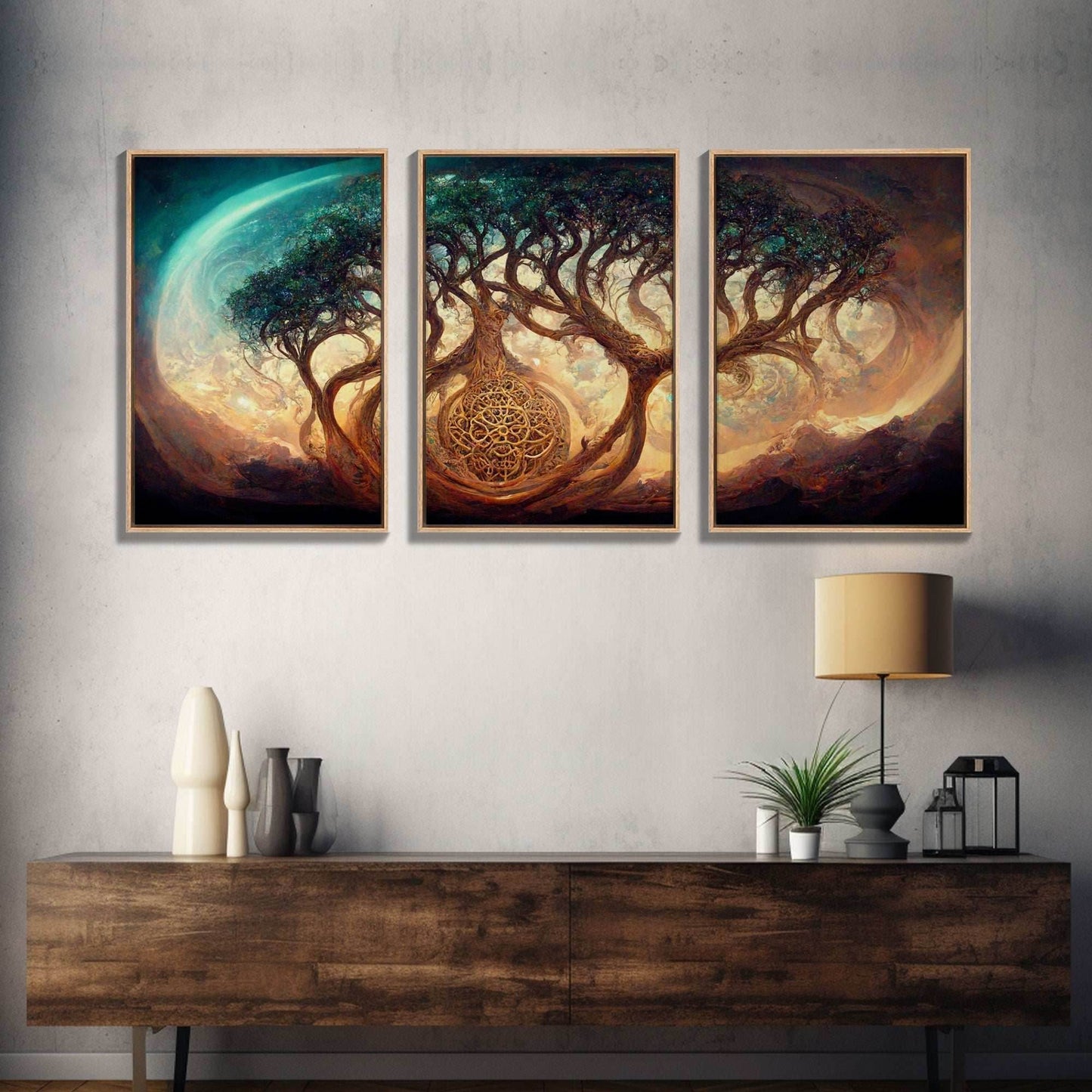 Yggdrasil Tree of Life, Nordic Viking Fantasy Art, Ready To Hang Canvas Print, Cool Living Room Wall Art Decor - 8x12 In. - 3 Pieces / Stretched Canvas