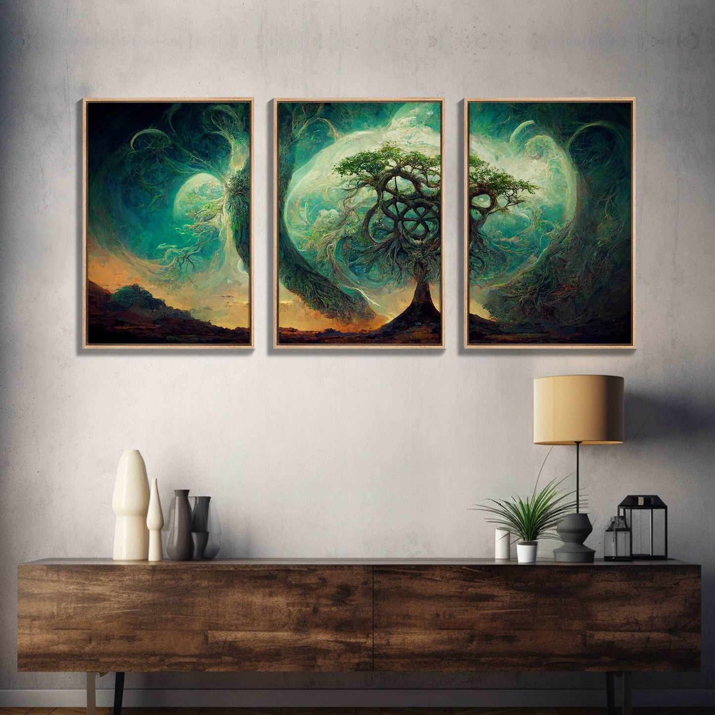 Yggdrasil Tree of Life, Nordic Viking Fantasy Art, Ready To Hang Canvas Print, Cool Living Room Wall Art Decor - 8x12 In. - 3 Pieces / Stretched Canvas