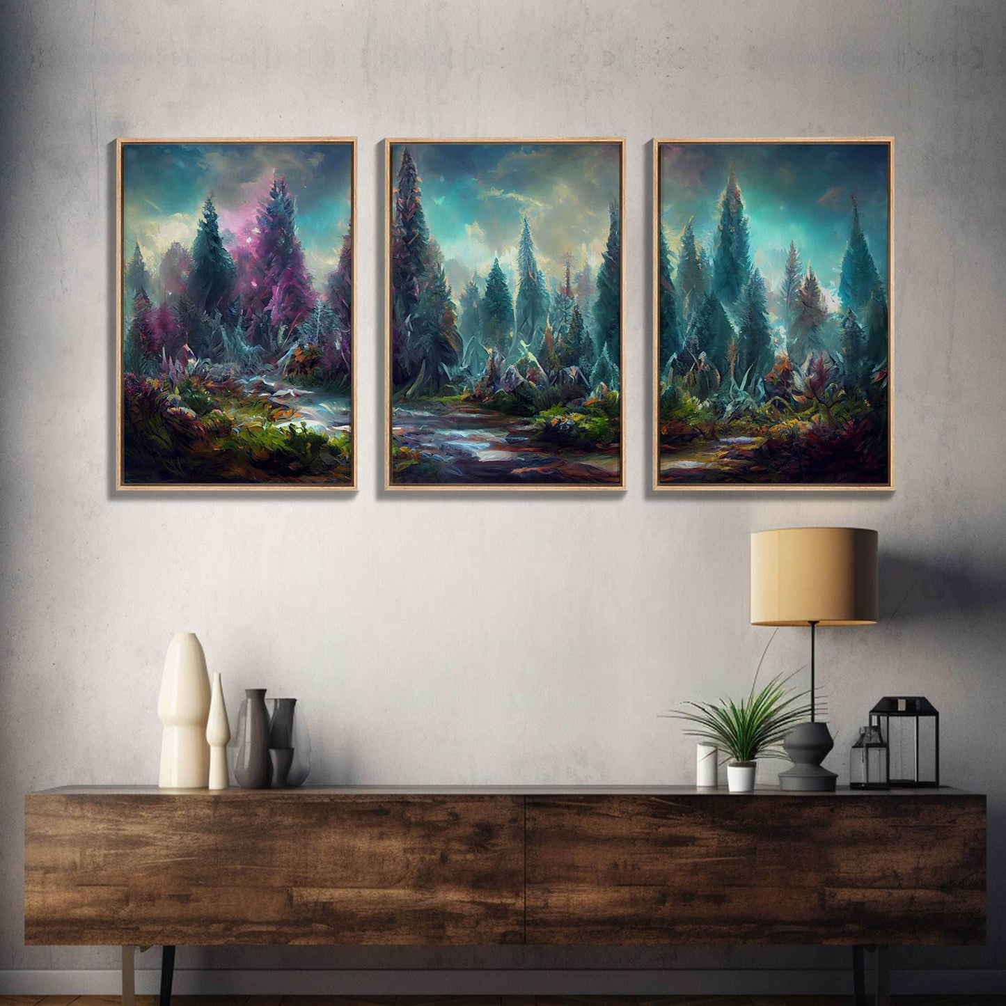 High Fantasy Forest Wall Art, Panoramic Art, Fantasy RPG Concept Art, 3 Piece Wall Art, Ready To Hang Canvas Print - 8x12 In. - 3 Pieces / Stretched Canvas