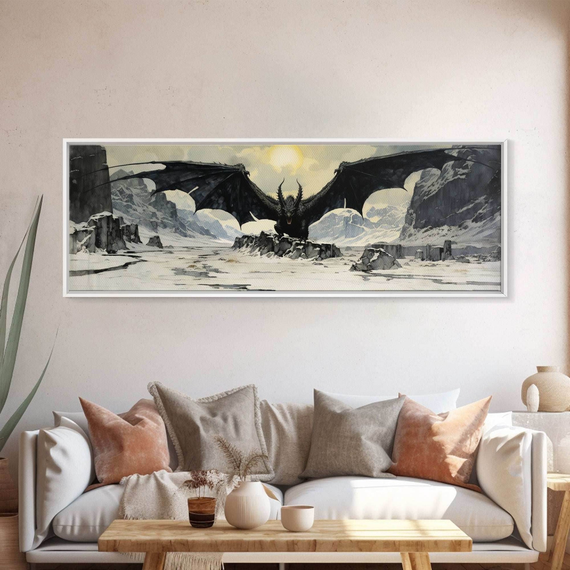 Panoramic Of a Dragon, Framed Canvas Print, Fantasy Decor, Fantasy Dragon Painting - 10x30 Inches / Gallery Wrap Canvas - Ready To Hang