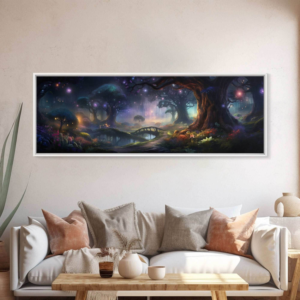 Spiritual Fantasy Forest Wall Art Print, Lanterns and Glowing Trees and Rivers, Fantasy Painting, Living Room Wall Art - 10x30 Inches / Gallery Wrap Canvas - Ready To Hang