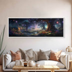 Spiritual Fantasy Forest Wall Art Print, Lanterns and Glowing Trees and Rivers, Fantasy Painting, Living Room Wall Art - 10x30 Inches / Gallery Wrap Canvas - Ready To Hang