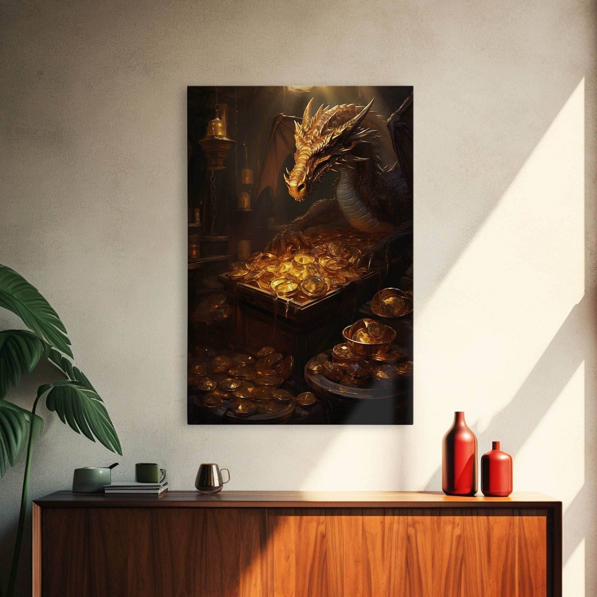 Dragon Art, Fantasy Art, Treasure Chest, Canvas Print, Wall Hanging, Portrait Art, Video Game Art, Nerdy Home Decor, Gift For Friend - 8x12 Inches / Gallery Wrap Canvas - Ready To Hang