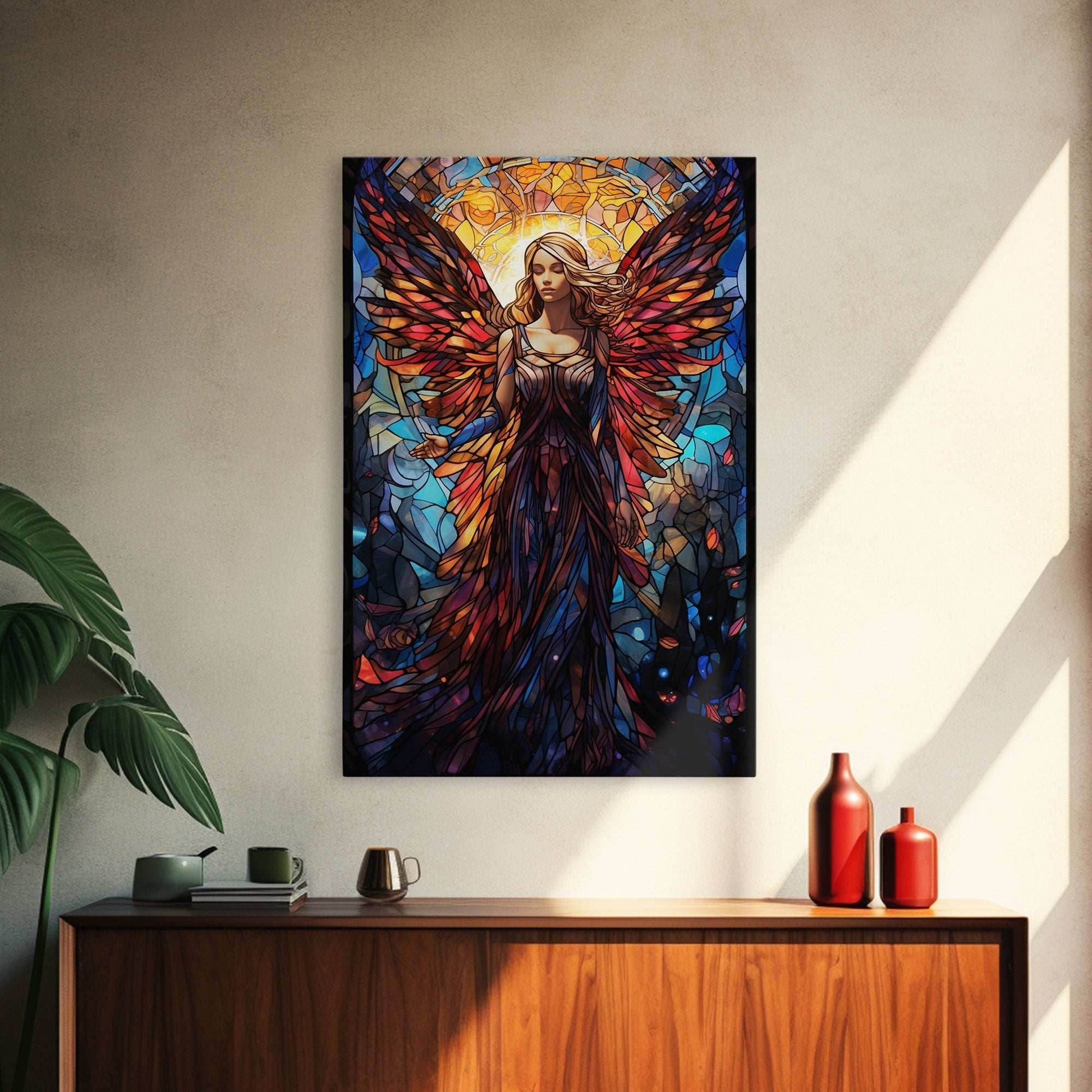 Angel, Fantasy Art, Angel Wings, Canvas Print, Wall Hanging, Portrait Art, Stained Glass Art, Housewarming Gift, Bedroom Teen Girl Art - 8x12 Inches / Gallery Wrap Canvas - Ready To Hang