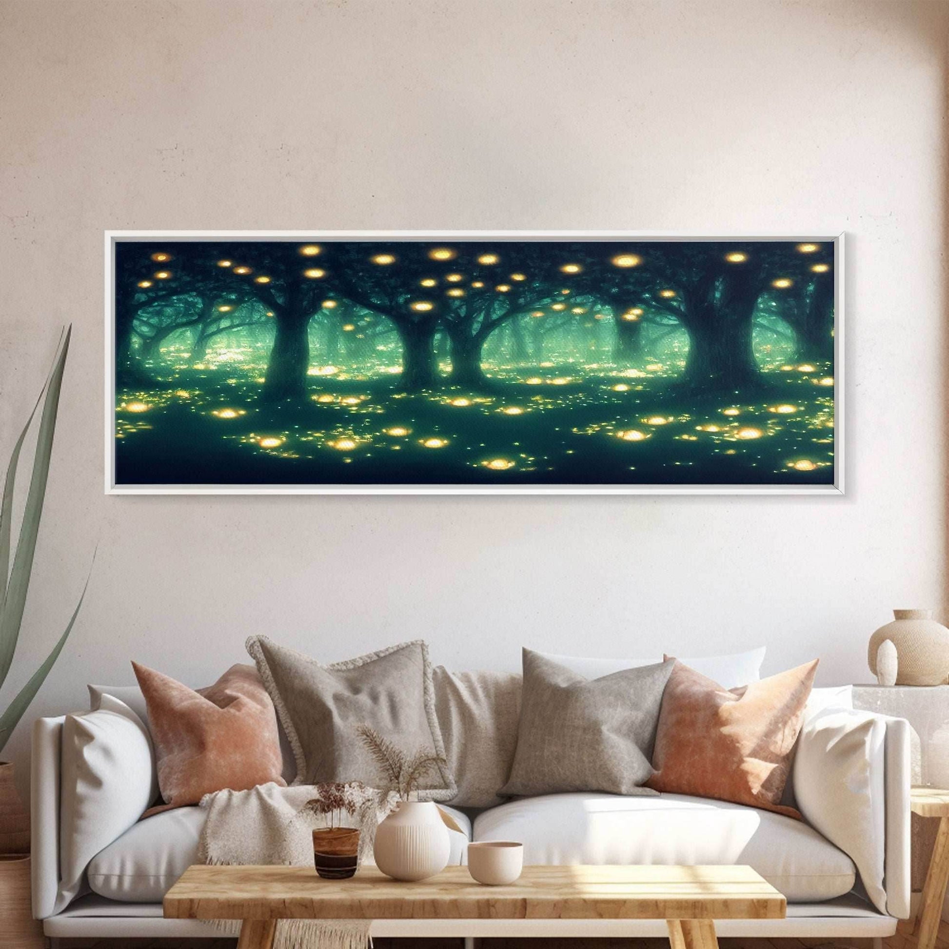 Fantasy Forest At Night With Fireflies, Extra Large Wall Art, Framed Panoramic Canvas Print, Framed Wall Art - 10x30 Inches / Gallery Wrap Canvas - Ready To Hang
