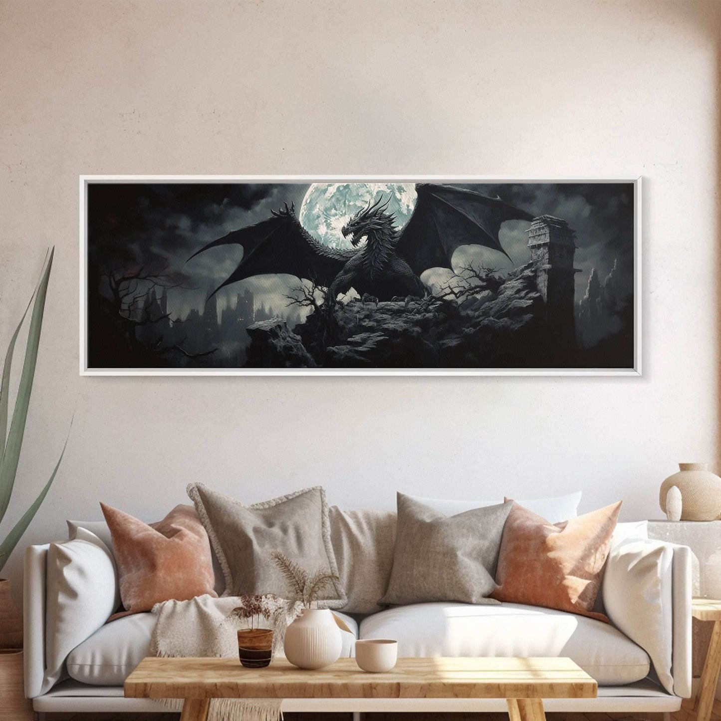 The Dragon, Framed Canvas Print, Panoramic Fantasy Painting, Fantasy Decor, Dragon Art, Dragon Painting, Dragon art print - 10x30 Inches / Gallery Wrap Canvas - Ready To Hang