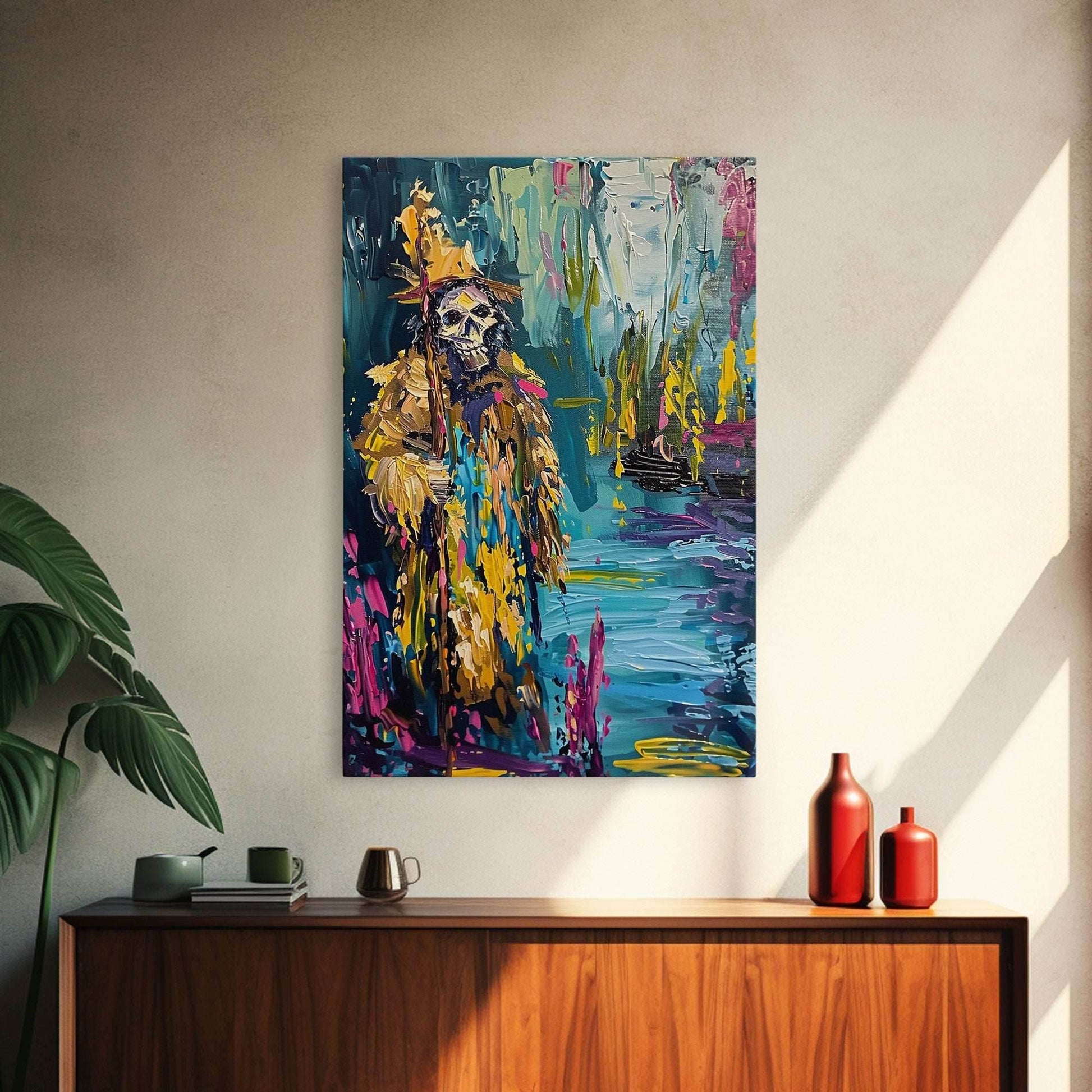 Halloween Skeleton Wizard, Framed Canvas Print, Wall Art, Home Decor, Spooky Artwork, Witchcraft Decor, Fantasy Art, Holiday Decor - 8x12 Inches / Gallery Wrap Canvas - Ready To Hang