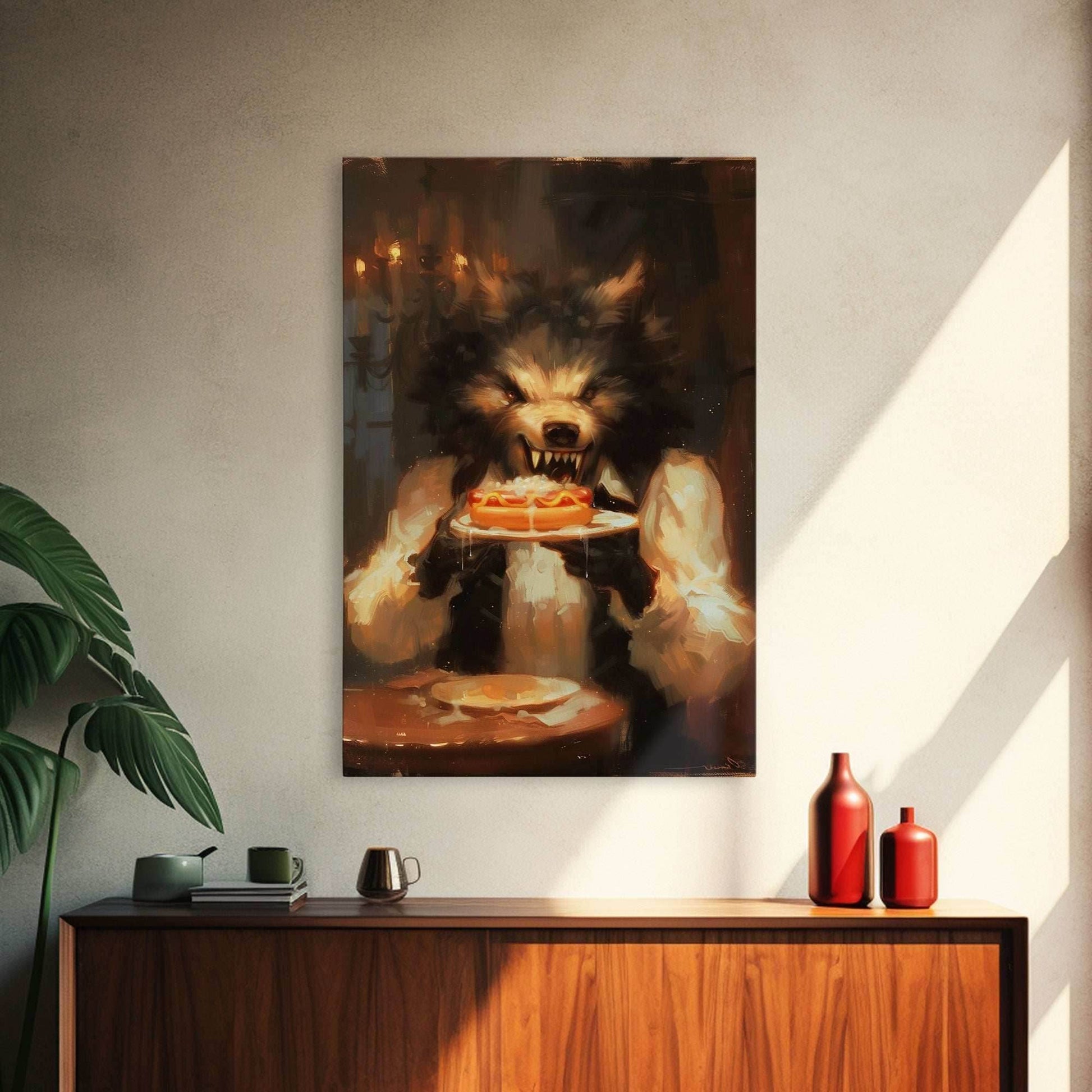 Halloween Werewolf Eating Hotdog, Framed Canvas Print, Wall Art, Spooky Artwork, Fantasy Decor, Halloween Decor, Whimsical Funny Halloween - 8x12 Inches / Gallery Wrap Canvas - Ready To Hang