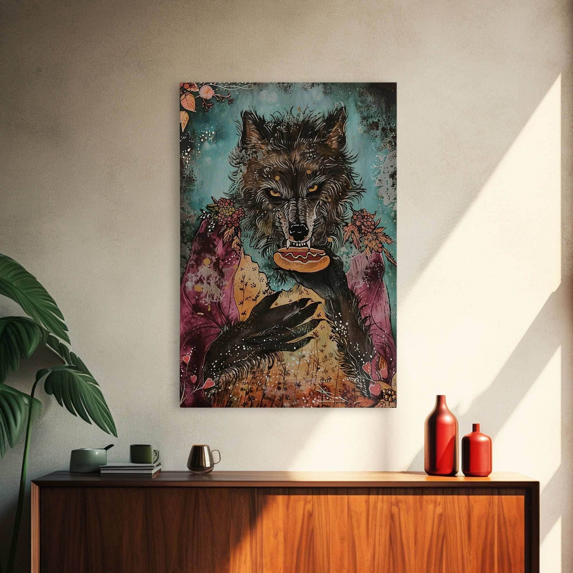 Halloween Werewolf Holding Hotdog, Framed Canvas Print, Wall Art, Home Decor, Spooky Artwork, Fantasy Decor, Halloween Decor - 8x12 Inches / Gallery Wrap Canvas - Ready To Hang