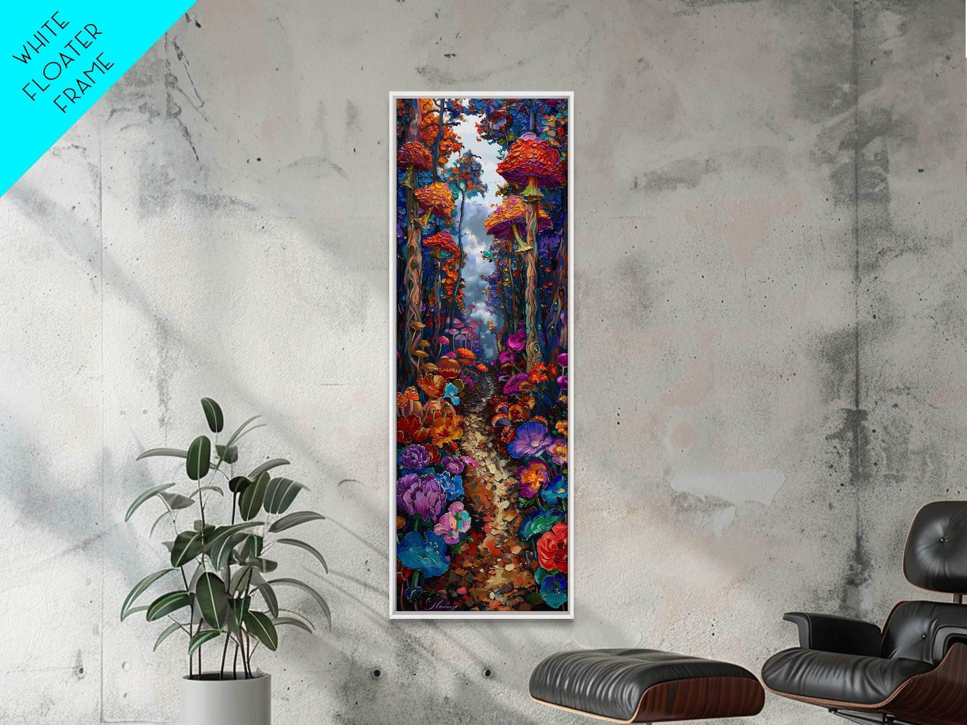 Fantasy Forest Pathway with Giant Mushrooms as Tall Skinny Art Framed Canvas Print for Whimsical Wall Decor in Unique Spaces - 10x30 Inches / Gallery Wrap Canvas - Ready To Hang