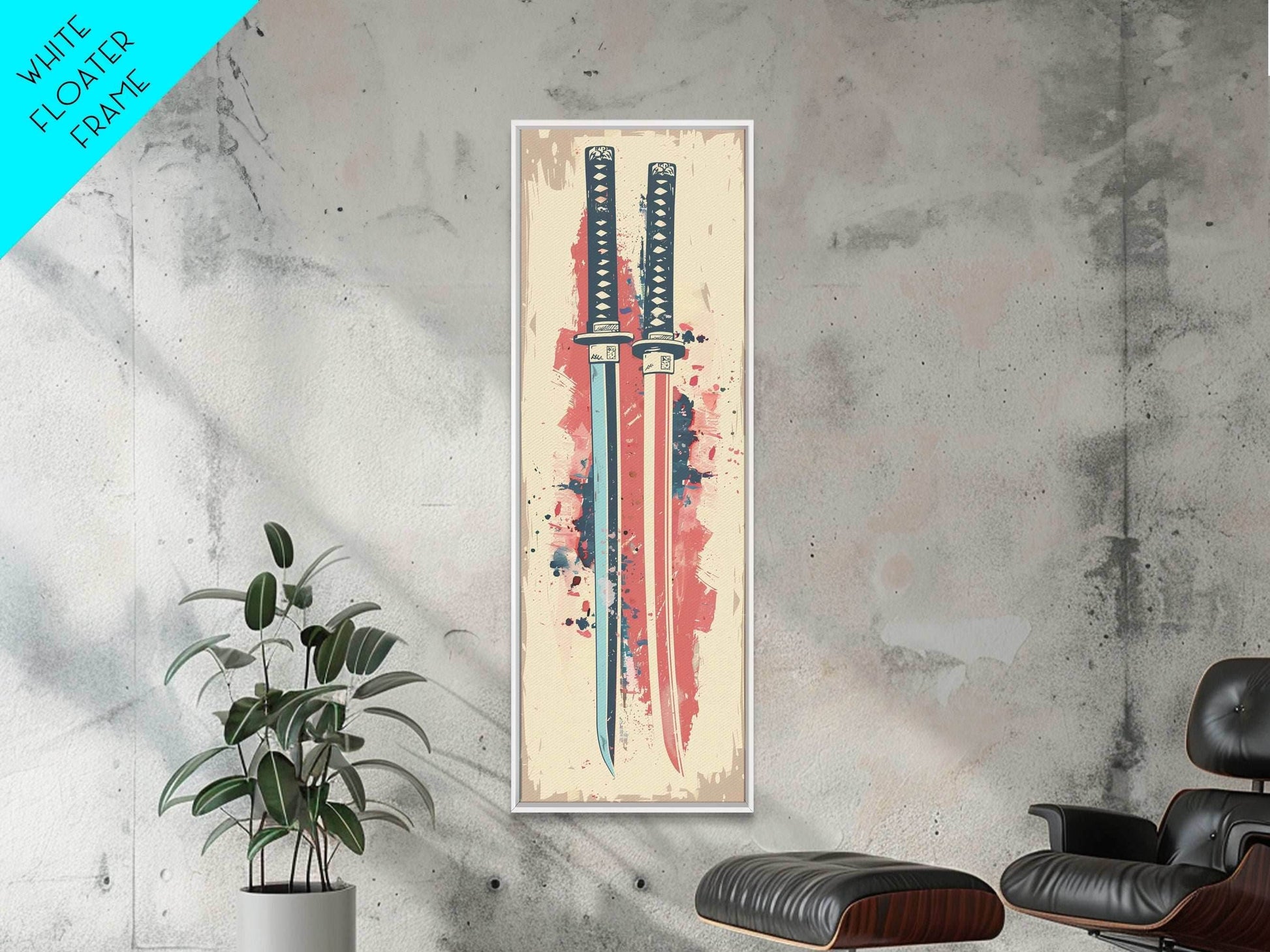 Abstract Samurai Swords Framed Canvas Print Ukiyo-e Art Japanese Style Tall Art Skinny Art Wood Block Print - 10x30 Inches / Gallery Wrap Canvas - Ready To Hang