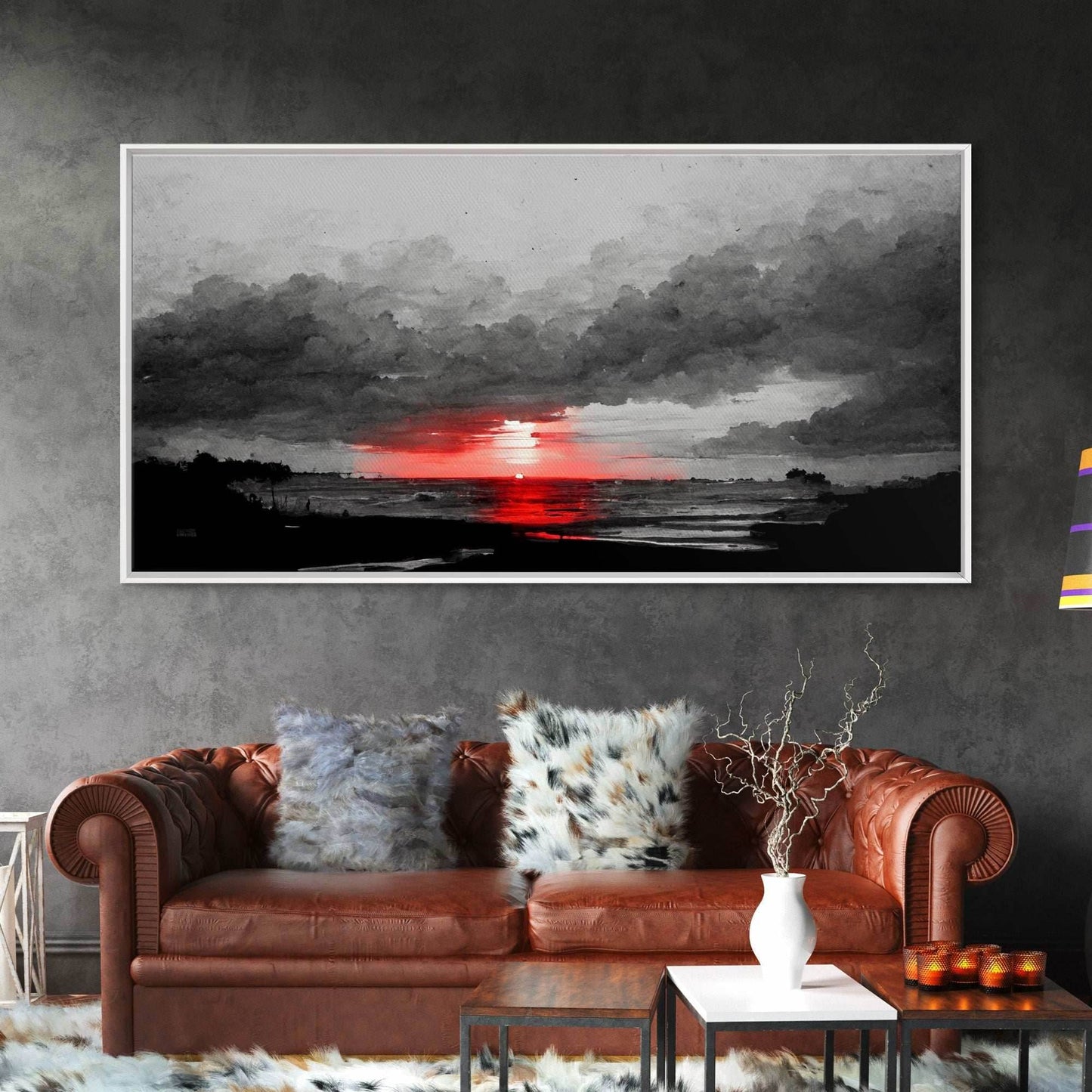 Creepy Blood moon canvas print, dark fantasy art, black and white art, Halloween, spooky art, horror landscape art - 10x20 Inches / Gallery Wrap Canvas - Ready To Hang