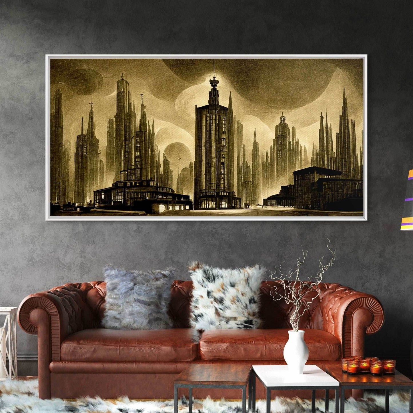 Dystopian Metropolis Art Deco Canvas Print, City Skyline, Fantasy Art, Art Deco Living Room Art, ready to hang wall art - 10x20 Inches / Gallery Wrap Canvas - Ready To Hang