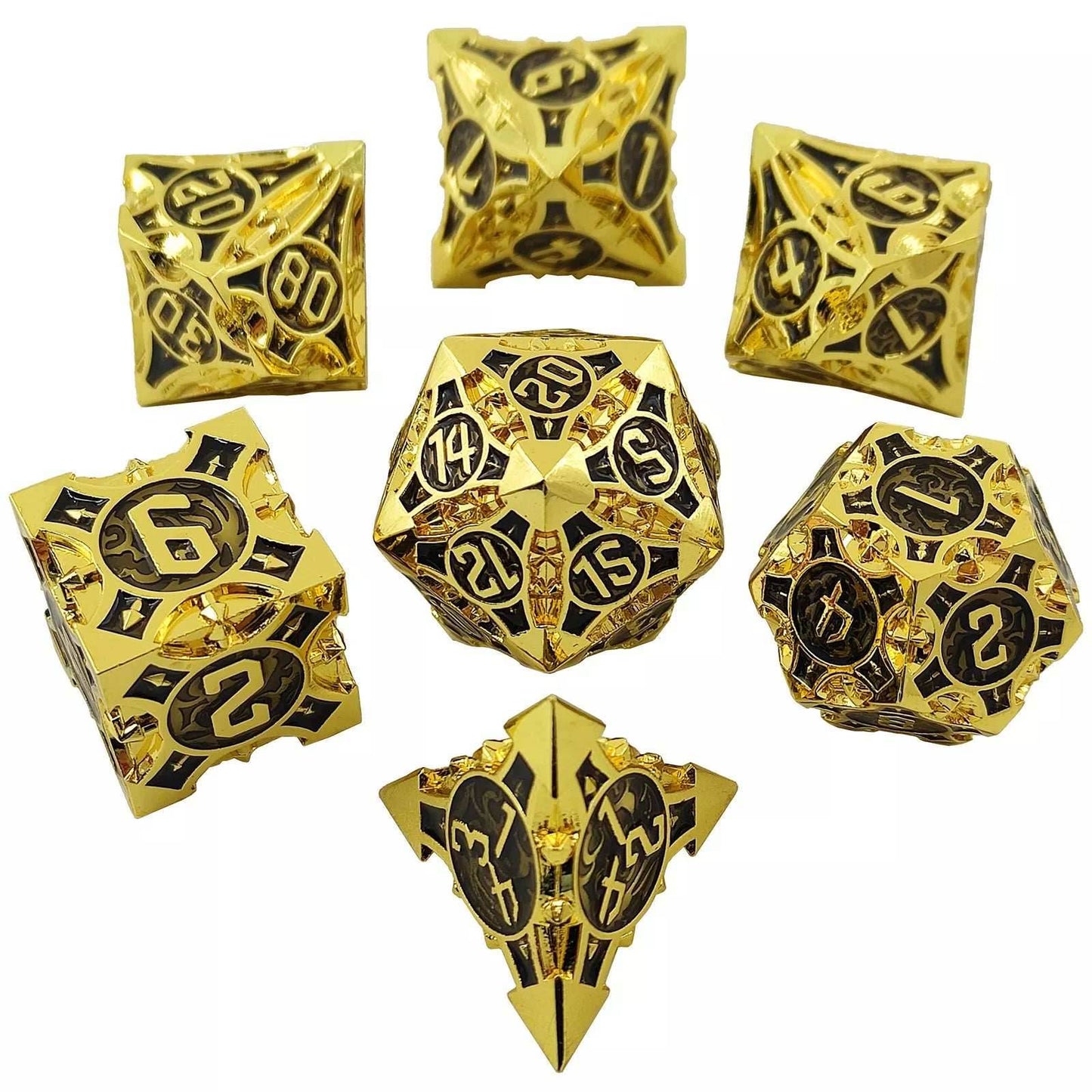 Gold w/black Barbed Strengthened Metal 7-Dice Set | Metal DND Dice - 