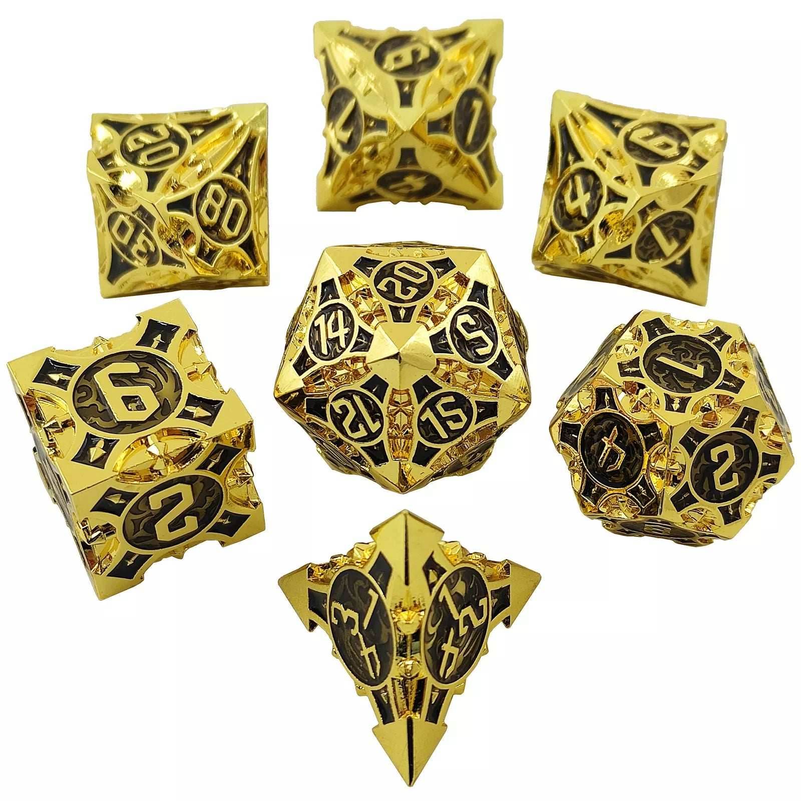 Gold w/black Barbed Strengthened Metal 7-Dice Set | Metal DND Dice - 