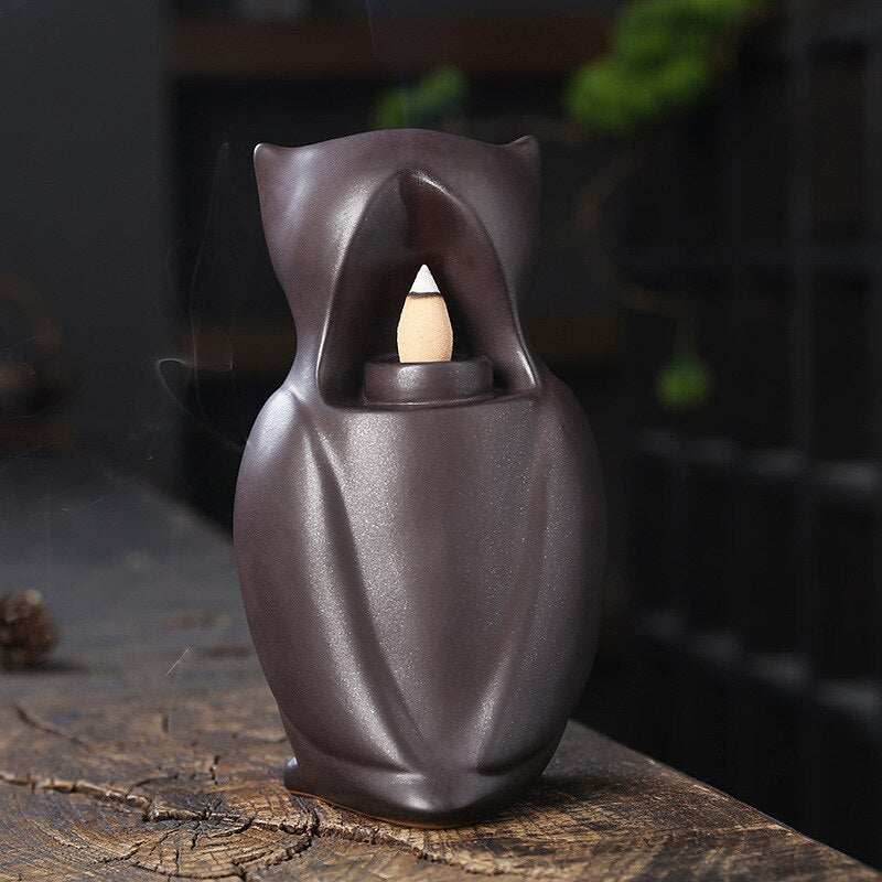 Ceramic Owl Waterfall Animal Backflow Incense Burner - Blue