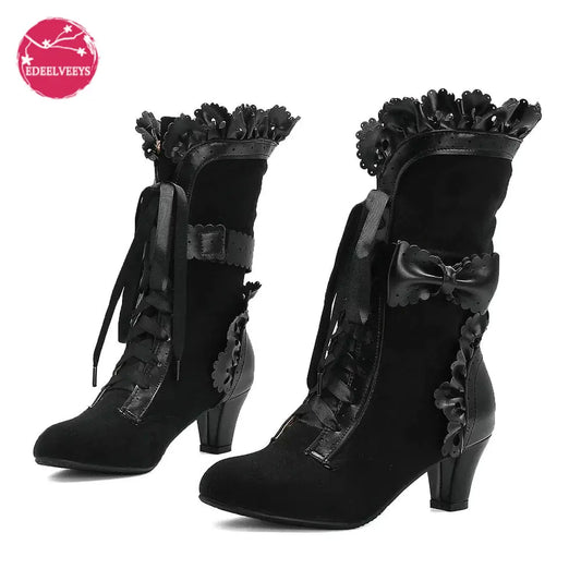 Autumn Winter Vintage Women Victorian Boots Lace Up High Heel Bootie Ruffle Trim Princess Cosplay Tea Party Costume Shoes