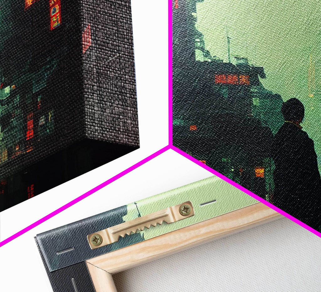 80s style Cyberpunk Japanese City, Retro Punk Tokyo, Framed Canvas Print, Framed Wall Art, Large Panoramic Wall Decor - 10x30 Inches / Gallery Wrap Canvas - Ready To Hang