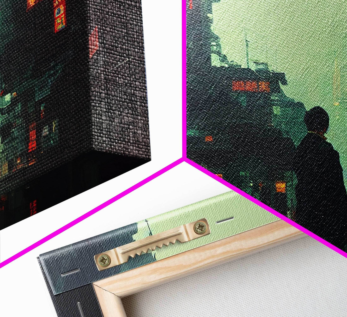 80s style Cyberpunk Japanese City, Retro Punk Tokyo, Framed Canvas Print, Framed Wall Art, Large Panoramic Wall Decor - 10x30 Inches / Gallery Wrap Canvas - Ready To Hang