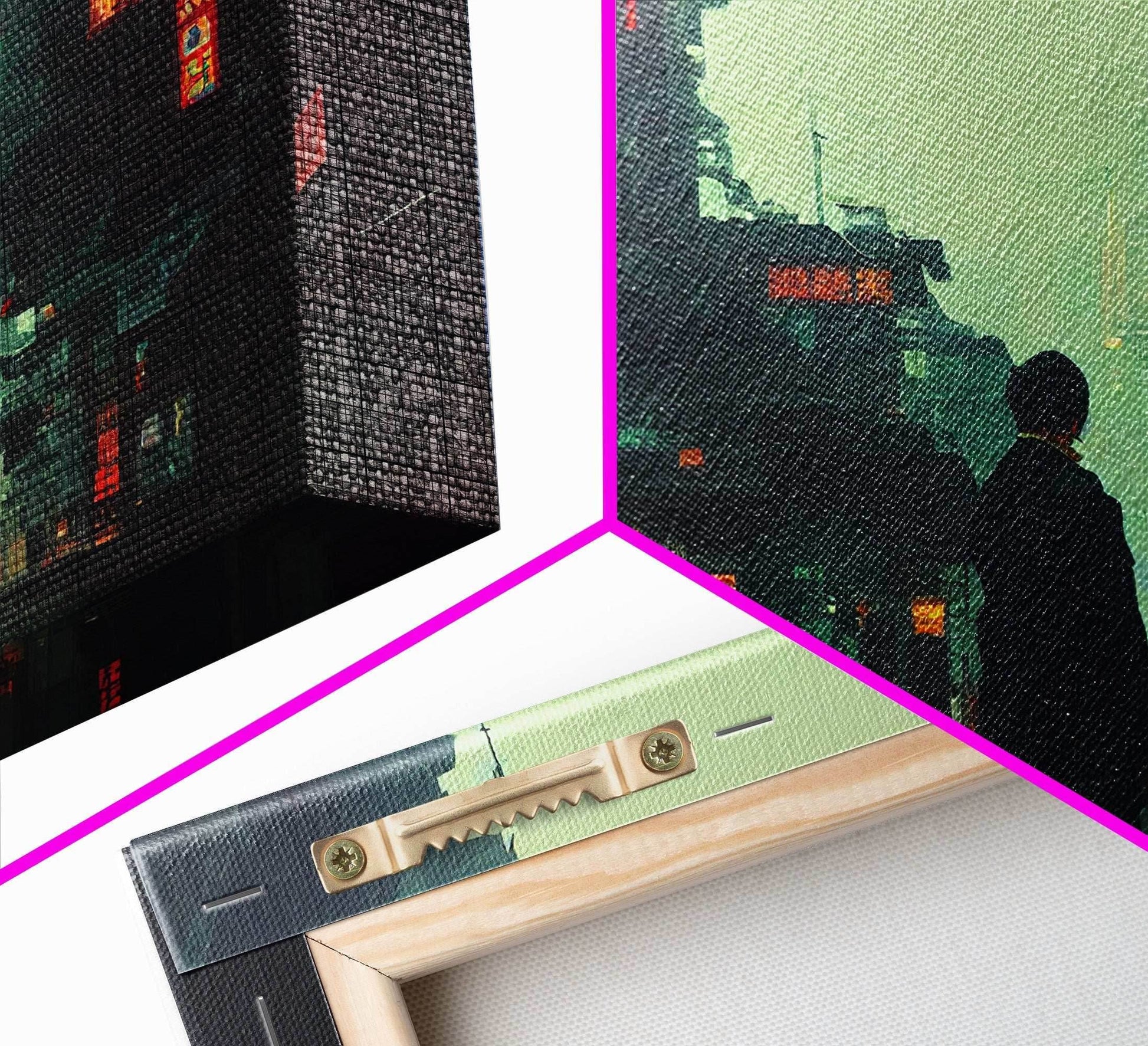 80s style Cyberpunk Japanese City, Retro Punk Tokyo, Framed Canvas Print, Framed Wall Art, Large Panoramic Wall Decor - 10x30 Inches / Gallery Wrap Canvas - Ready To Hang